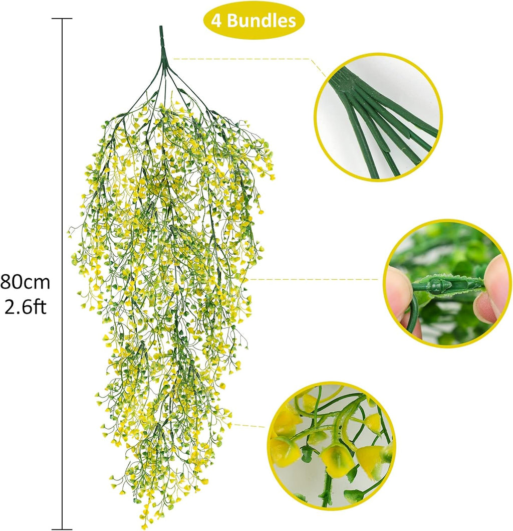 RECUTMS 4 pcs Artificial Hanging Plants Fake Hanging Plants Hanging Flowers Artificial Decor Fake Vines with Fake Flowers Indoor and Outdoor Decoration（Yellow）