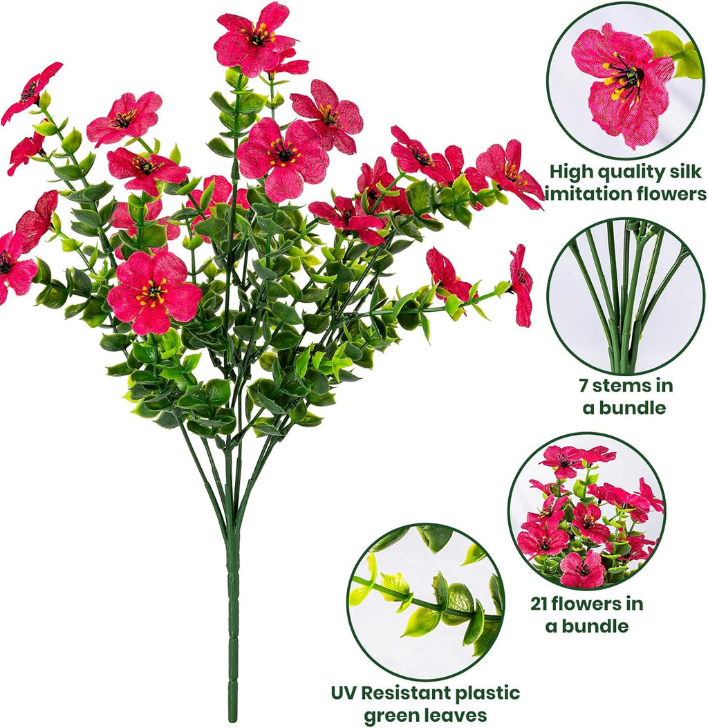 20 Bundles Artificial Flowers for Outdoor Fake Plants for Spring Decoration,Faux Eucalyptus Flowers for Planter UV Resistant Lifelike for Home Porch Garden（Rose Red）