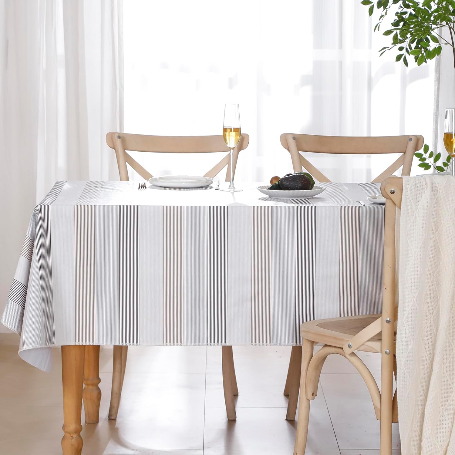 Walrus Heavy Duty Vinyl Tablecloth with Flannel Backing Waterproof Oil-Proof Plastic Table Cloth Stain-Resistant Wipeable Rectangle or Square Table Cover for Indoor and Outdoor (Line,60x84 Inch)