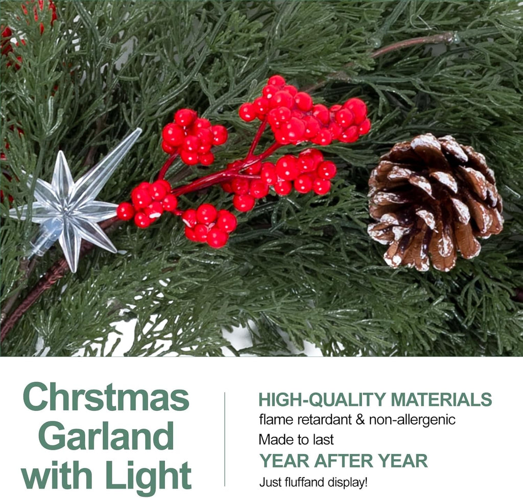 6.5FT Christmas Garland with Star Lights,Prelit Christmas Decorations,Lighted Garland with Battery Operated,Denser Realistic Cypress Xmas Greenery Home Decor for Mantle Fireplace Table Indoor Outdoor