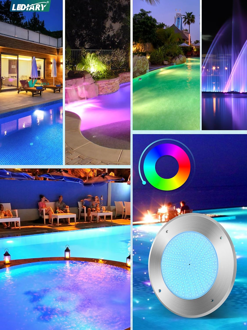 LEDIARY Pool LED Lights for Inground Pool, 120V 54W Underwater Swimming Pool Lights with 50FT Cord, RGB Multicolor, IP68 Waterproof Pool Underwater Light for 10" Wet Niches (Transformer Included)