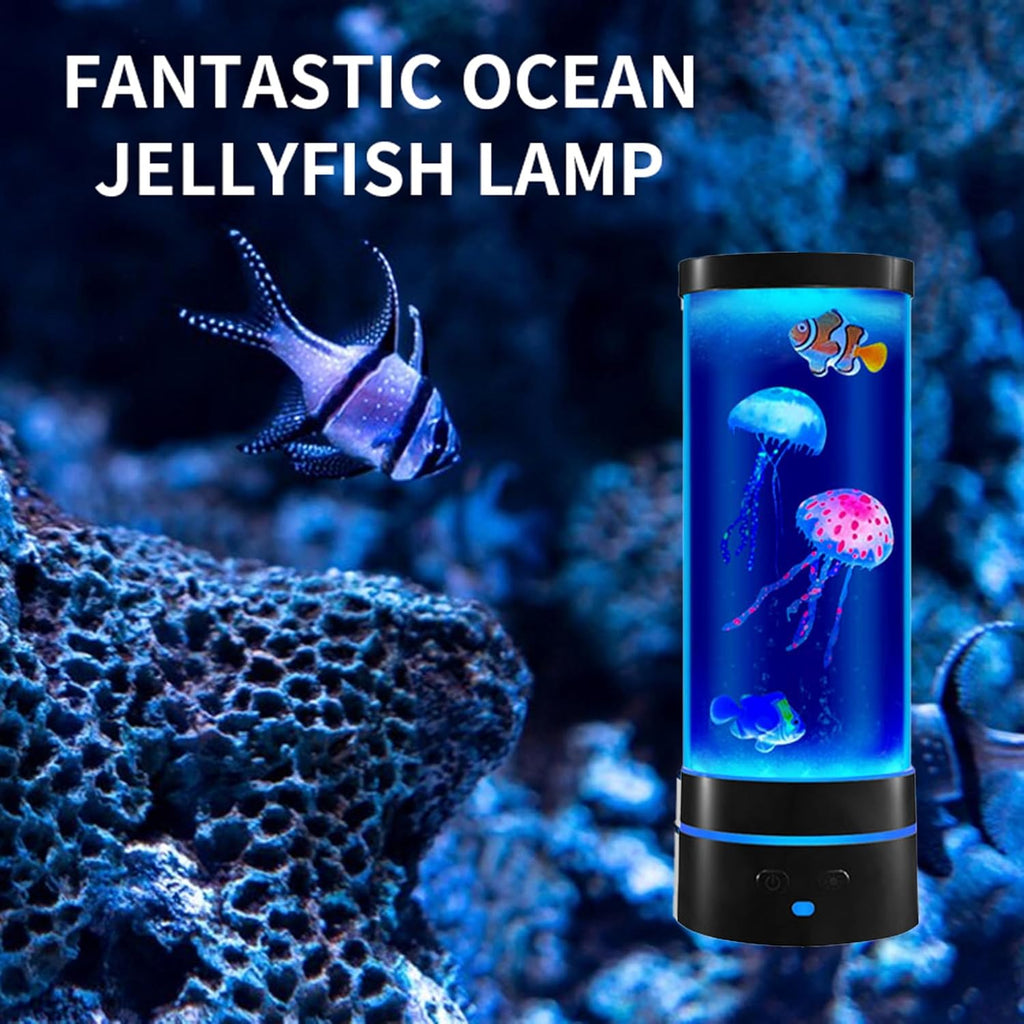 14" Black Minimalist Cylinder Jellyfish Lamp with Remote Control,with 3 Jellyfish (2 Large + 1 Small),16 Color Changes,with Stylish Blue Base Light,USB Powered,for Bedroom and Office Decoration