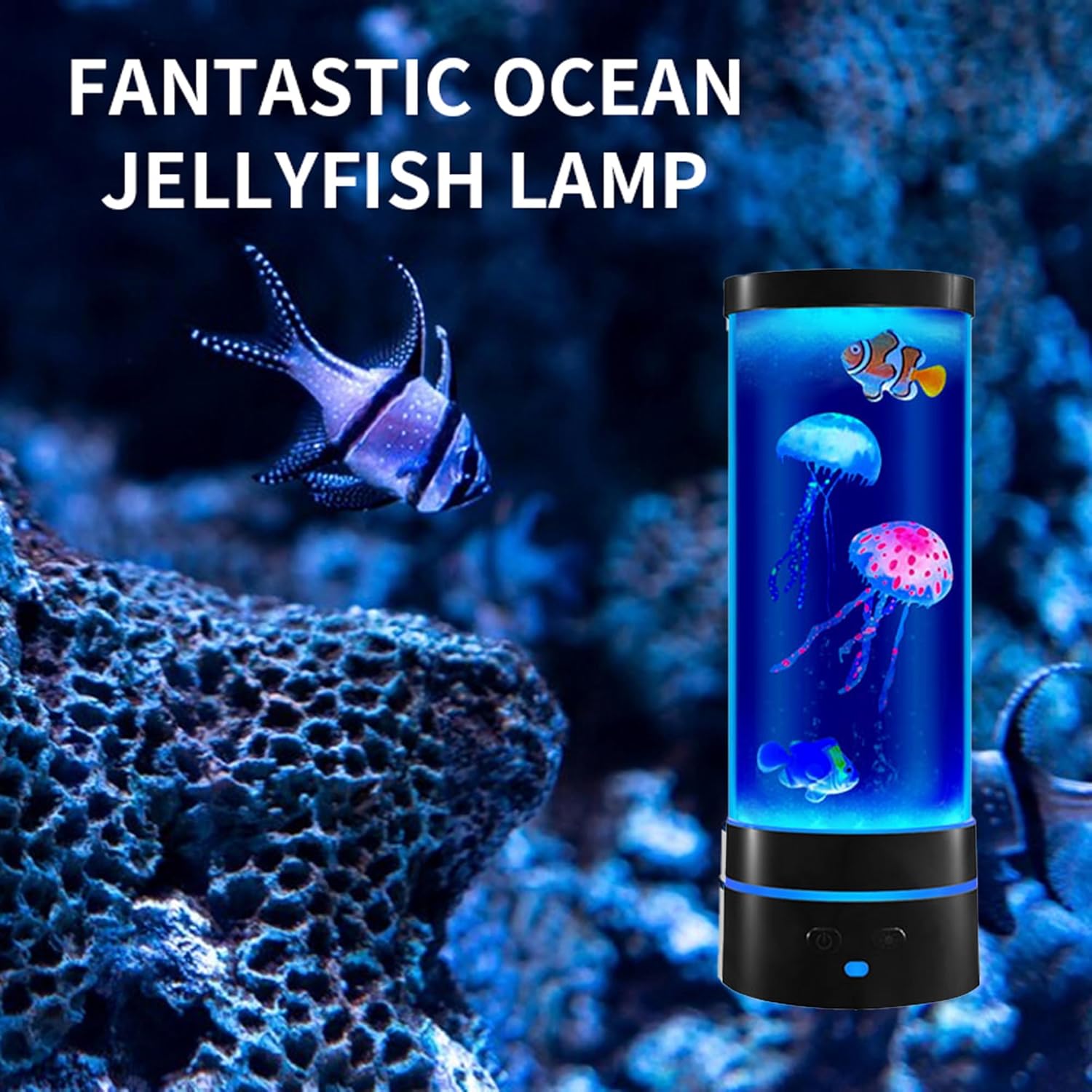 14" Black Minimalist Cylinder Jellyfish Lamp with Remote Control,with 3 Jellyfish (2 Large + 1 Small),16 Color Changes,with Stylish Blue Base Light,USB Powered,for Bedroom and Office Decoration
