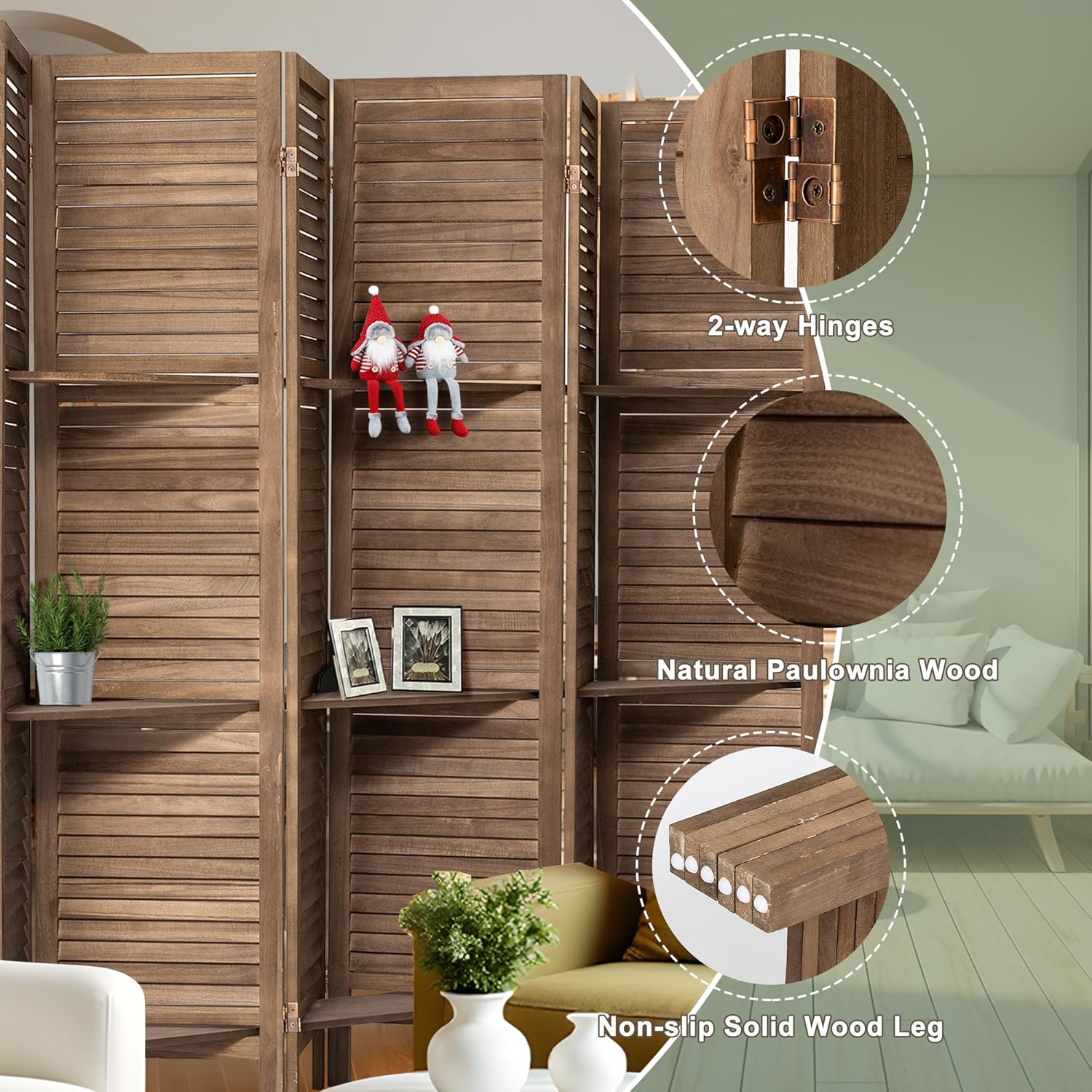6 Panel Room Divider with Shelves Wood Privacy Screen Partition Room Dividers Folding Freestanding Room Screen Divider with Display Shelves for Home Office Studio Apartment, Dark Brown