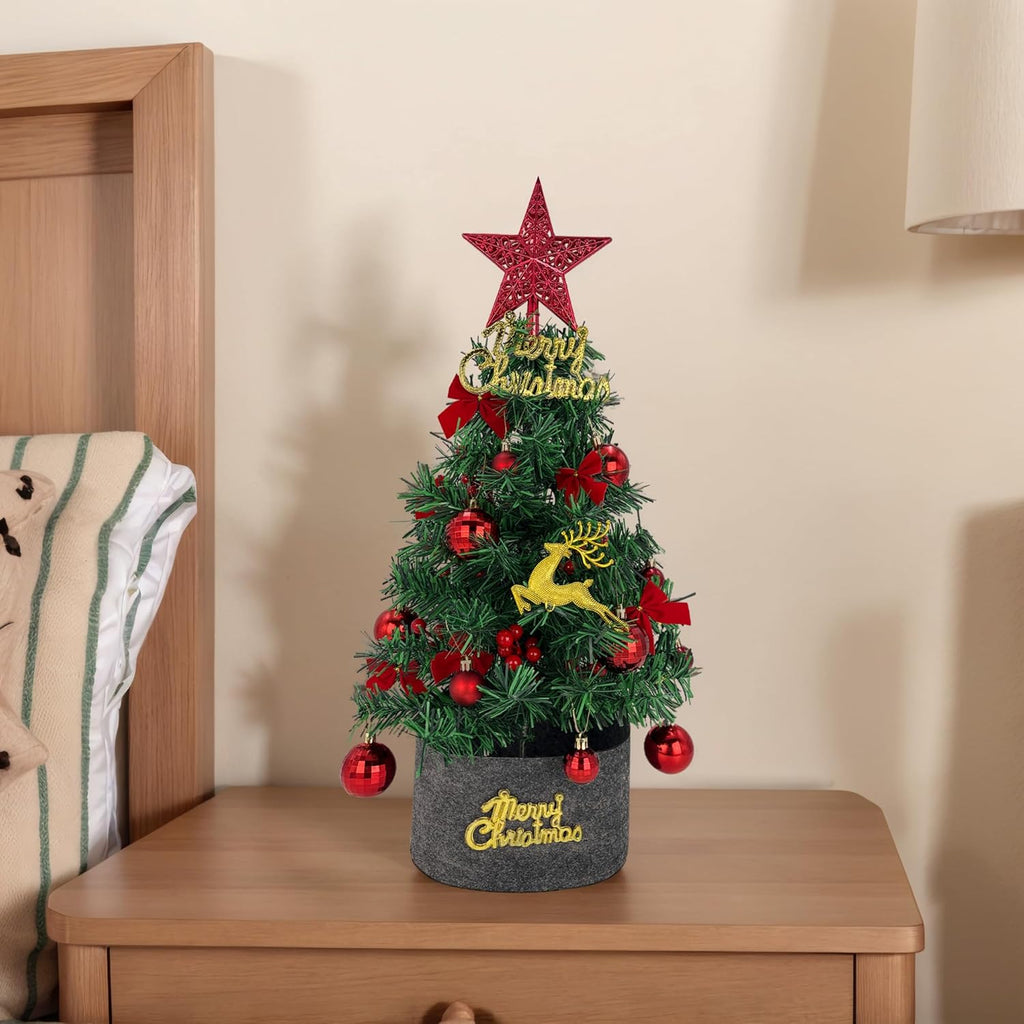Tree Company Pre-lit Artificial Mini Christmas Tree - Red Star, Small White LED Lights, White Tipped Cones, Glitter Branches Pine Cones and Cloth Bag Base - Glittery Bristle Pine - 24 inch