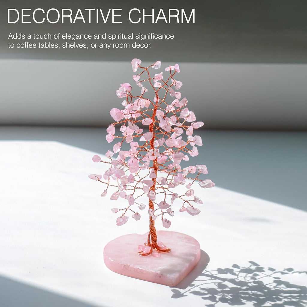 Crocon Crystals Tree Rose Quartz Healing Stones Reiki Crystals Heart Base Spiritual Meditation Energy Home Room Office Desk Decor Pink Gifts for Women Men & Mom Birthday Present