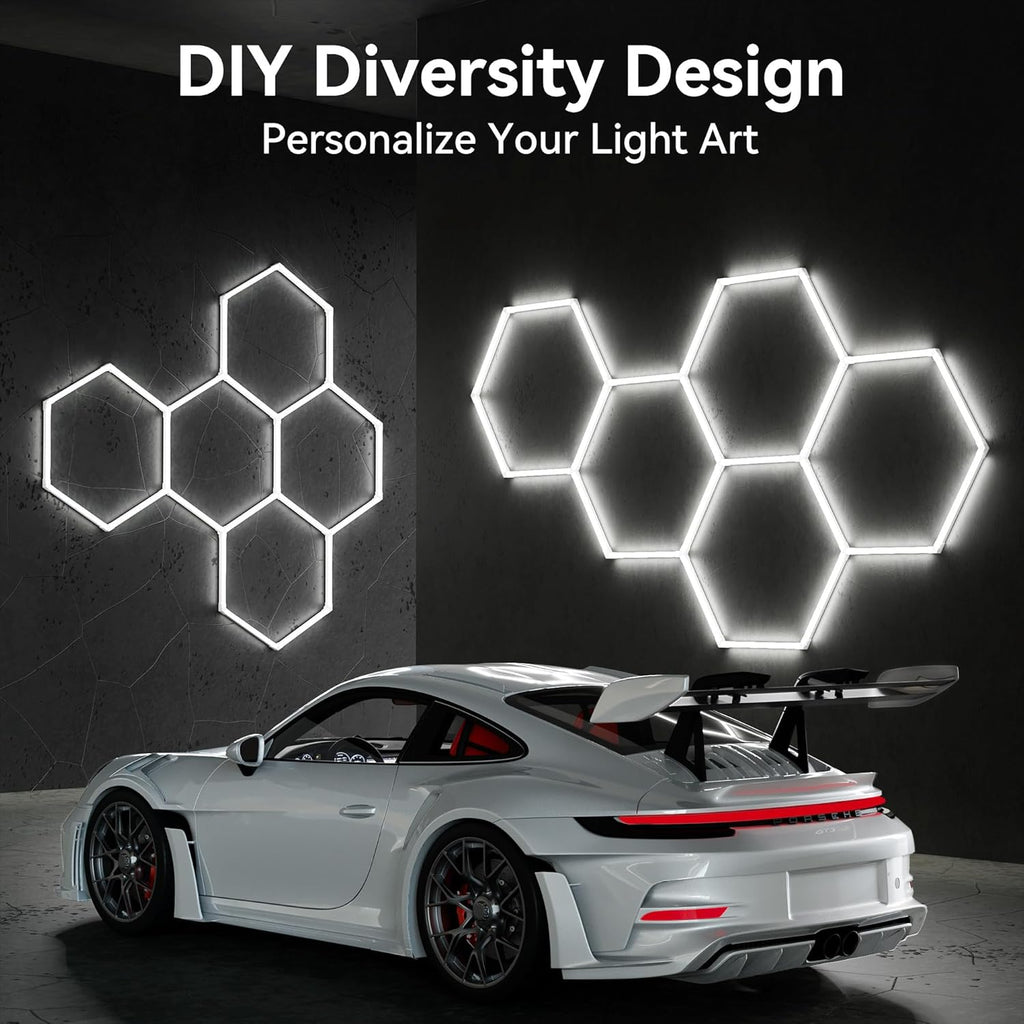 MODERN 14 Hexagon LED Garage Light 6500K, 61560 Lumens, Honeycomb Design, 14-Grid System, Octagon Shop Light for Workshop, Gym, Warehouse & Car Wash (White, 57-Pack)