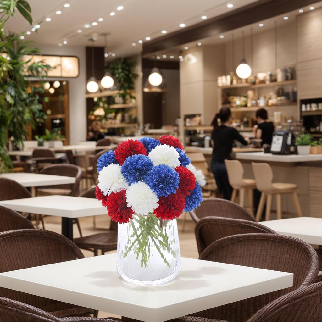 Kimura's Cabin 21Pcs Faux Chrysanthemum Flowers 4th of July Patriotic Flower Decor Artificial Mums Memorial Day Fake Ball Flower Home Event Table Centerpieces DIY Decoratio (Red White Blue