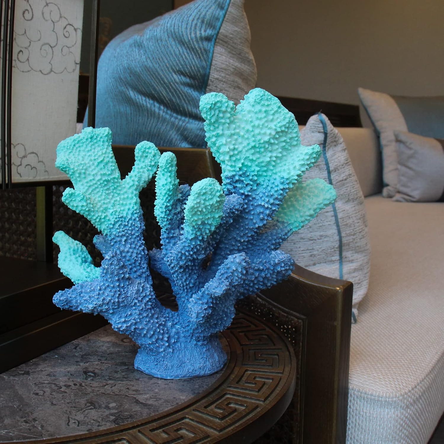 Blue Resin Coral Decorations Artificial Coral Statue Home Décor Accents Hawaiian Beach Decorations for Home Nautical Decorations Beach Themed Home Living Room Party Decor -8.2"