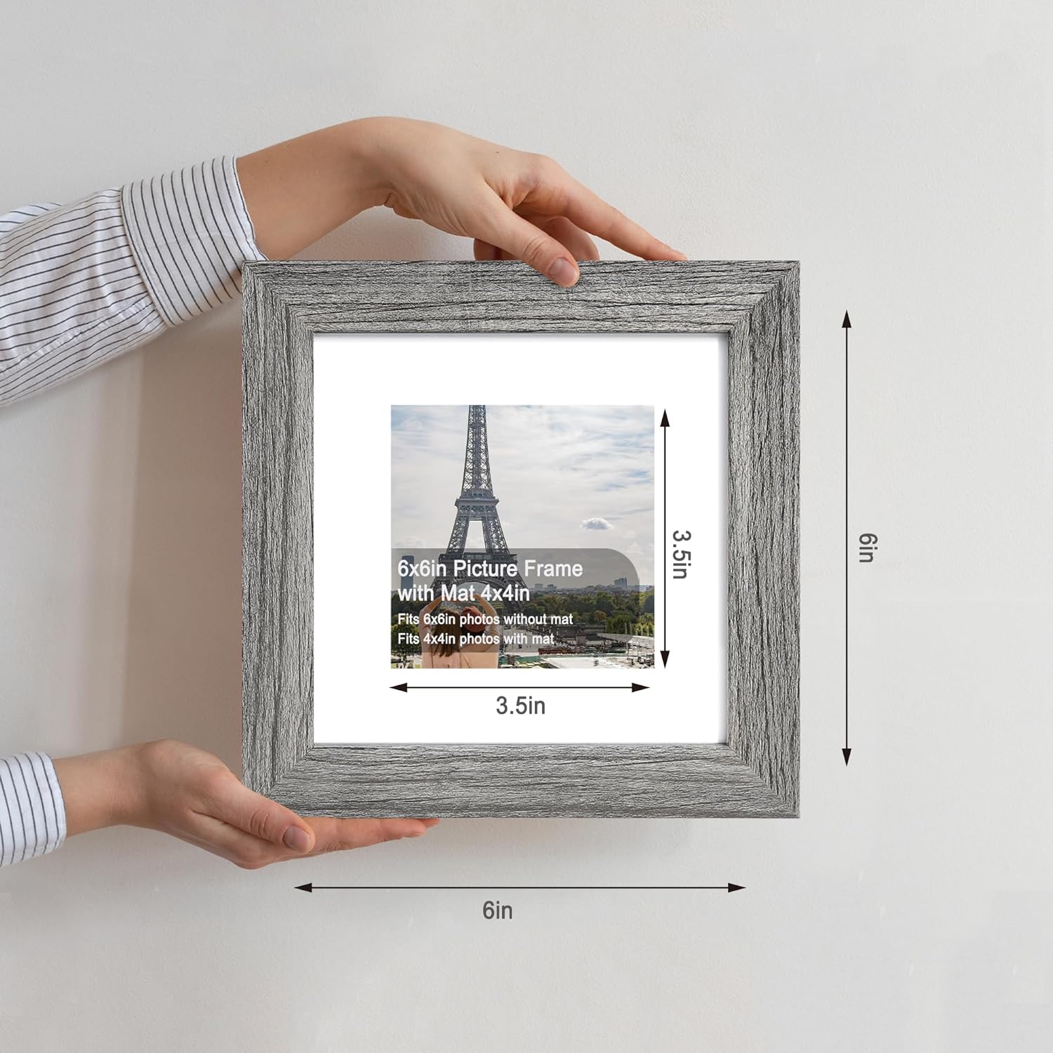 6x6 Picture Frame Set of 4, Made of Glass and Grey Wooden Frame - Display Picture 4x4 with Mat or 6 x 6 Without Mat, 6x6 Photo for Wall or Tabletop