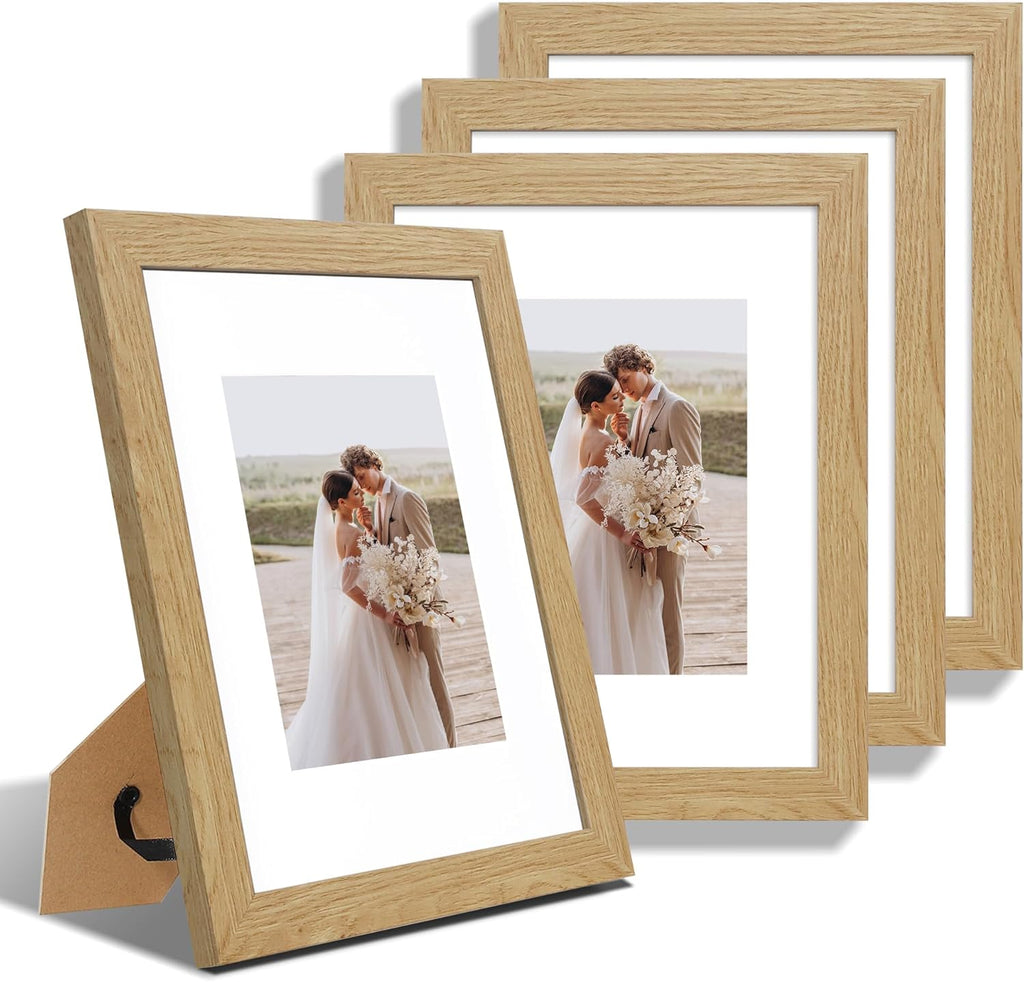 9x12 Picture Frame Set of 4, Made of Glass and Natural Oak Wooden Frame - Display Picture 6x8 with Mat or 9 x 12 Without Mat, 9 by 12 Photo for Wall or Tabletop