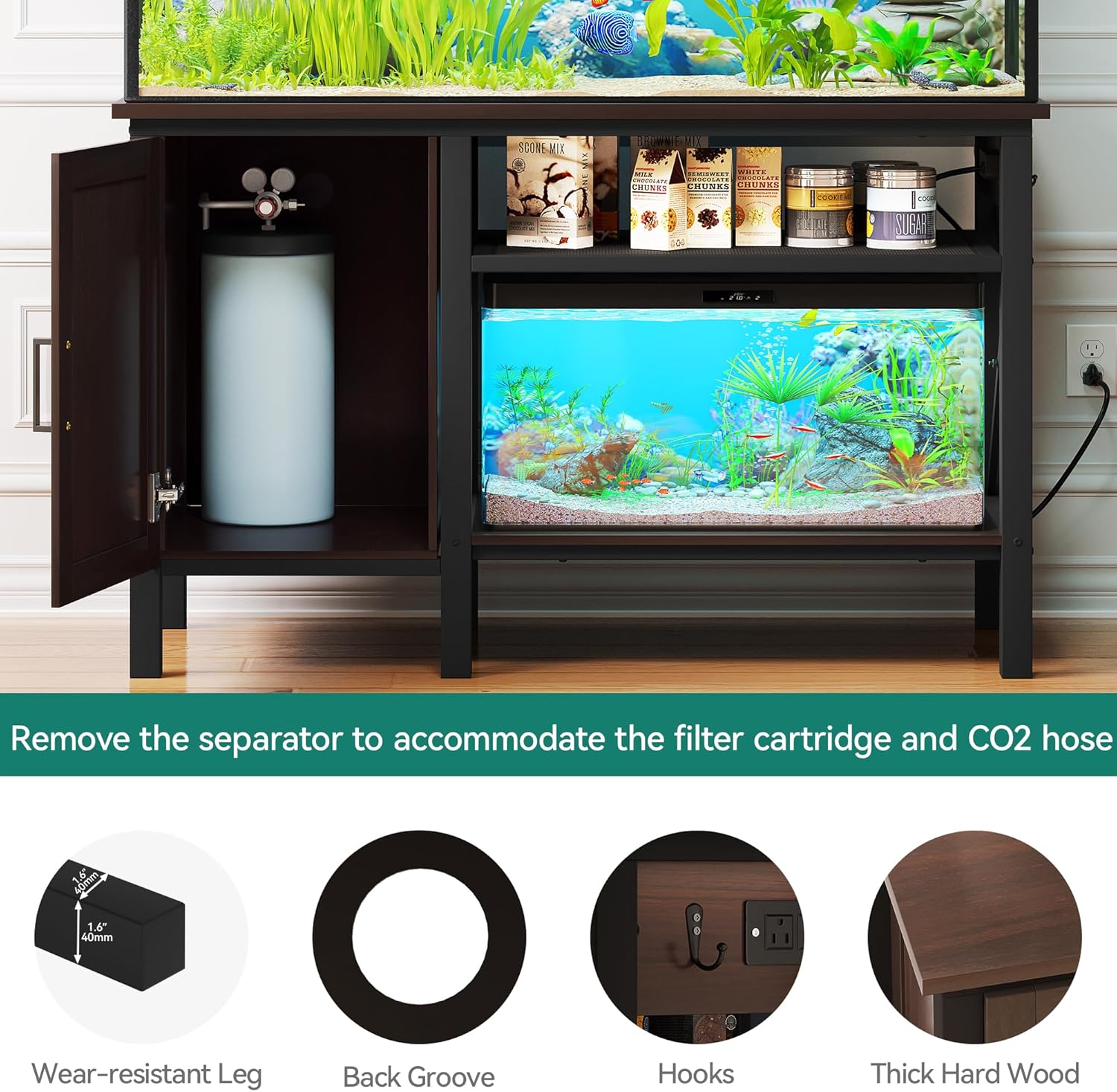 YITAHOME 55-75 Gallon aquarium stand with Power Outlets, Heavy Duty Metal Fish Tank Stand, Cabinet for Fish Tank Accessories Storage suitable for Fish Tank, Turtle Tank, 880LBS Capacity, Brown
