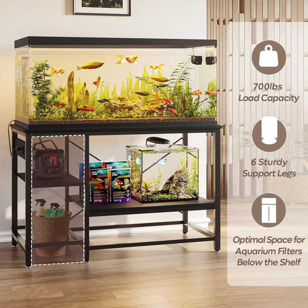 Bestier 55 Gallon Fish Tank Stand with Power Outlet, 49x13 Metal Aquarium Stand with Filter Storage, 6-Leg Long Reptile Tank Stand with 3-Tier Adjustable Storage Shelves, 700LBS Capacity, Black Oak