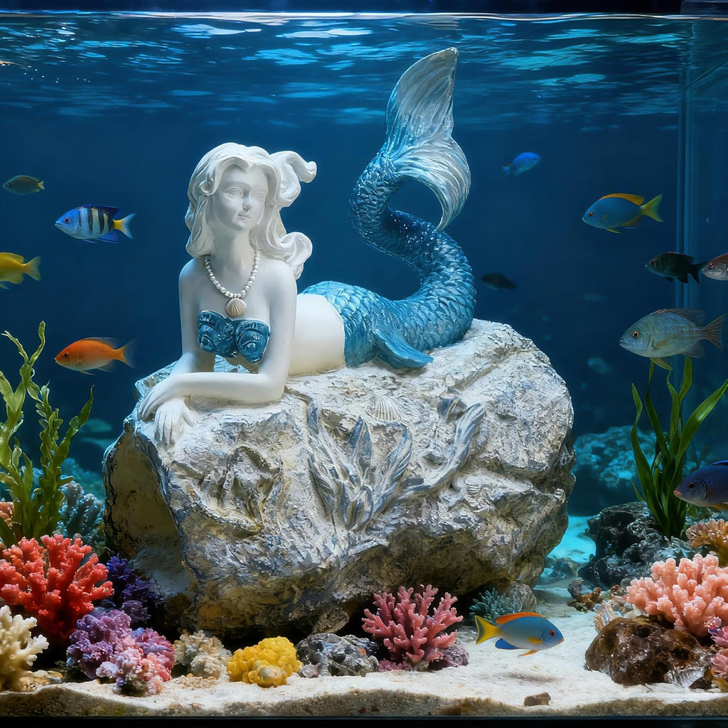 Teaeeno Faux Log Fish Cave, Predator Control and Decorative Shelter for Koi and Fish, Ponds, Aquariums, and Terrariums, Mermaid Statue Decor, Mermaid Decoration Sculptures