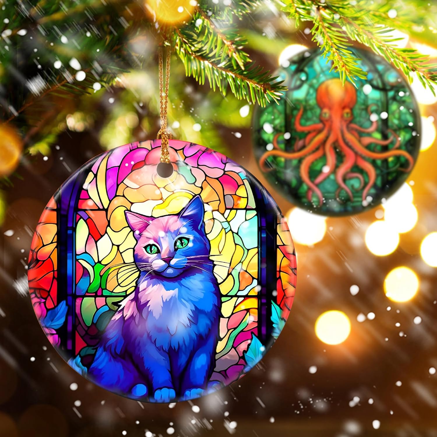 Touber Cat Ornament, Christmas Decoration, Holiday Present Idea, Heirloom Keepsake, Round Ceramic, Bauble Present, Cat