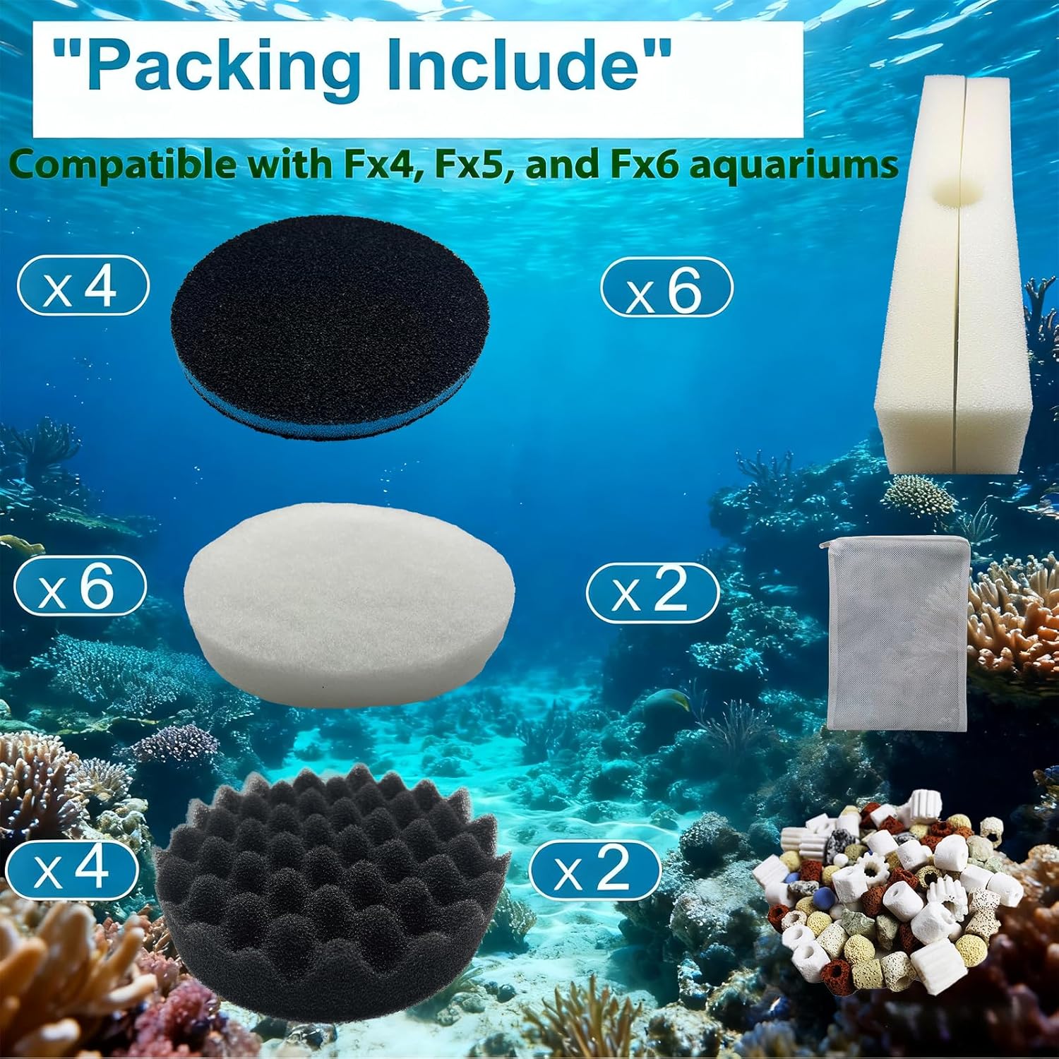 24 Piece Fx6 Canister Filter Media Kit Replacement Compatible with Fluval Fx4/Fx5/Fx6 Aquarium Filters Including Upgraded 3-in-1 Carbon Pad, Bio Foam, Carbon Sponge Filter, Ceramic Rings