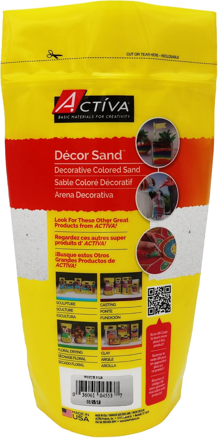 Activa White Decorative Colored Sand in Resealable Bag, 5lb (2.27kg) | Fine Grain & Fade-Proof Sand for Arts & Crafts