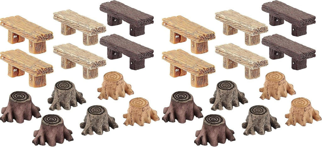 Skylety 12 Pieces Miniature Garden Ornaments, Includes 6 Pieces Retro Wooden Style Benches, 6 Artificial Mini Root Stump for Moss Terrariums Landscape Dollhouse Accessories Decorations (Pack of 2)