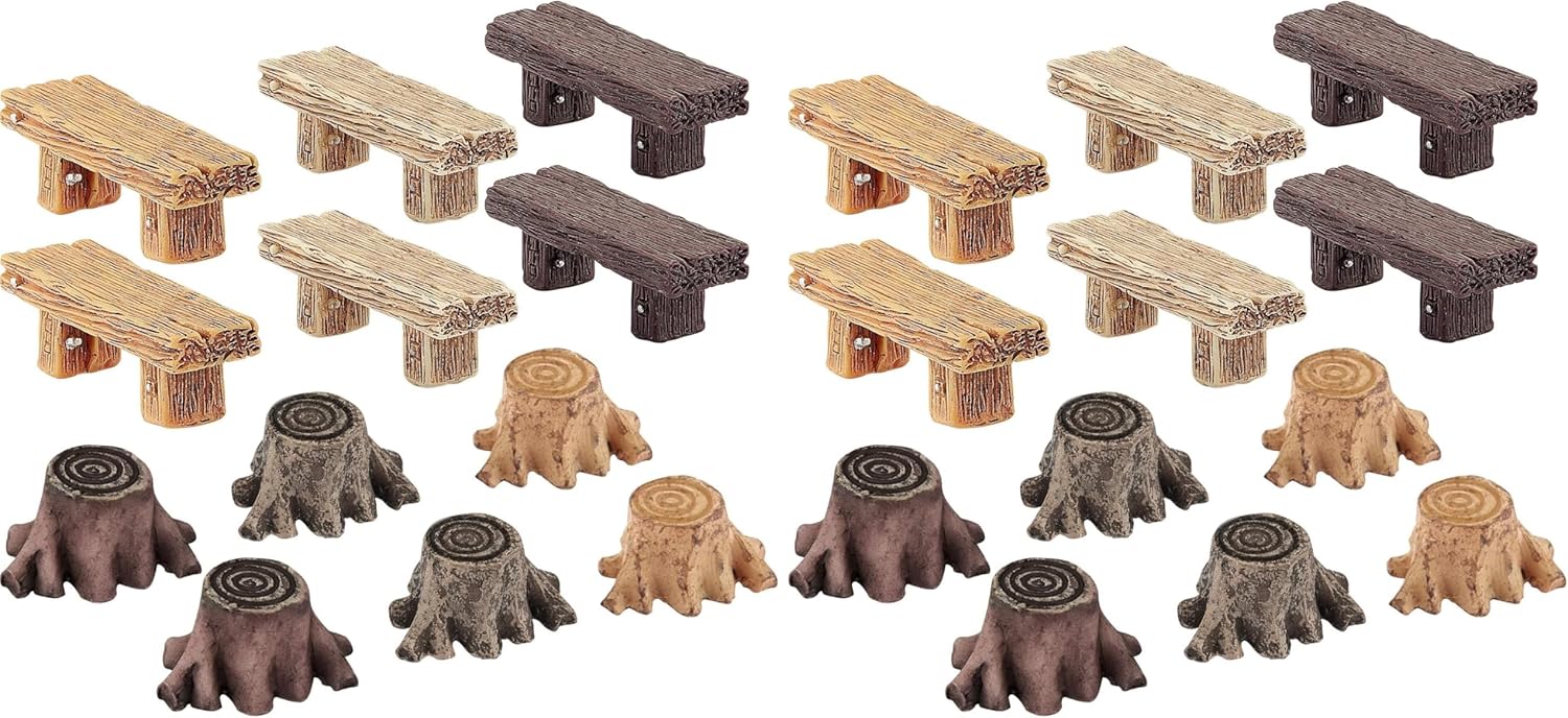 Skylety 12 Pieces Miniature Garden Ornaments, Includes 6 Pieces Retro Wooden Style Benches, 6 Artificial Mini Root Stump for Moss Terrariums Landscape Dollhouse Accessories Decorations (Pack of 2)