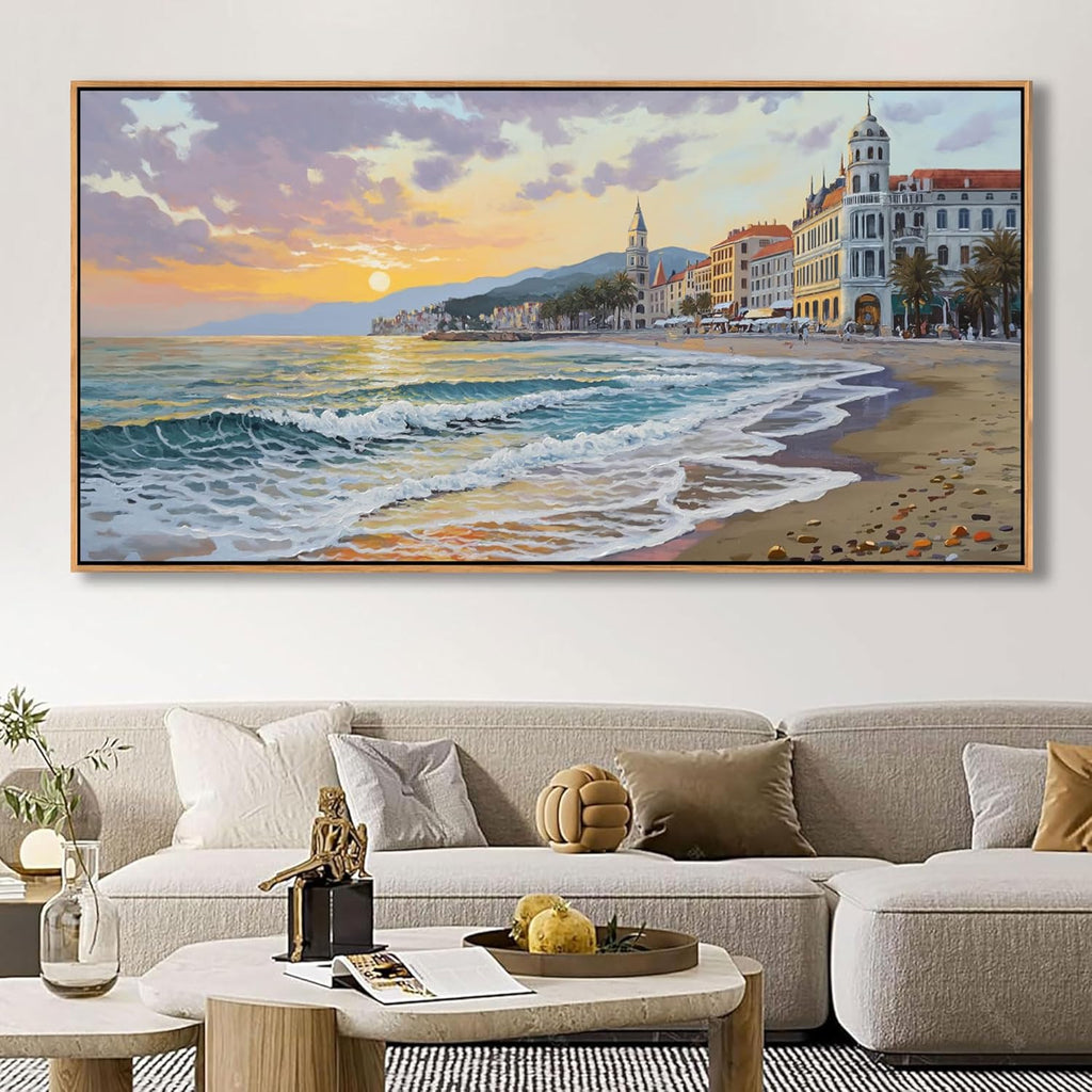 YDYSUNE Beach Wall Decor Framed Large Canvas Coastal Wall Art for Living Room Picture Village Seaside Painting Sunset Coast Artwork for Bedroom, Dining,Office Decoration Size 29x58 Inches