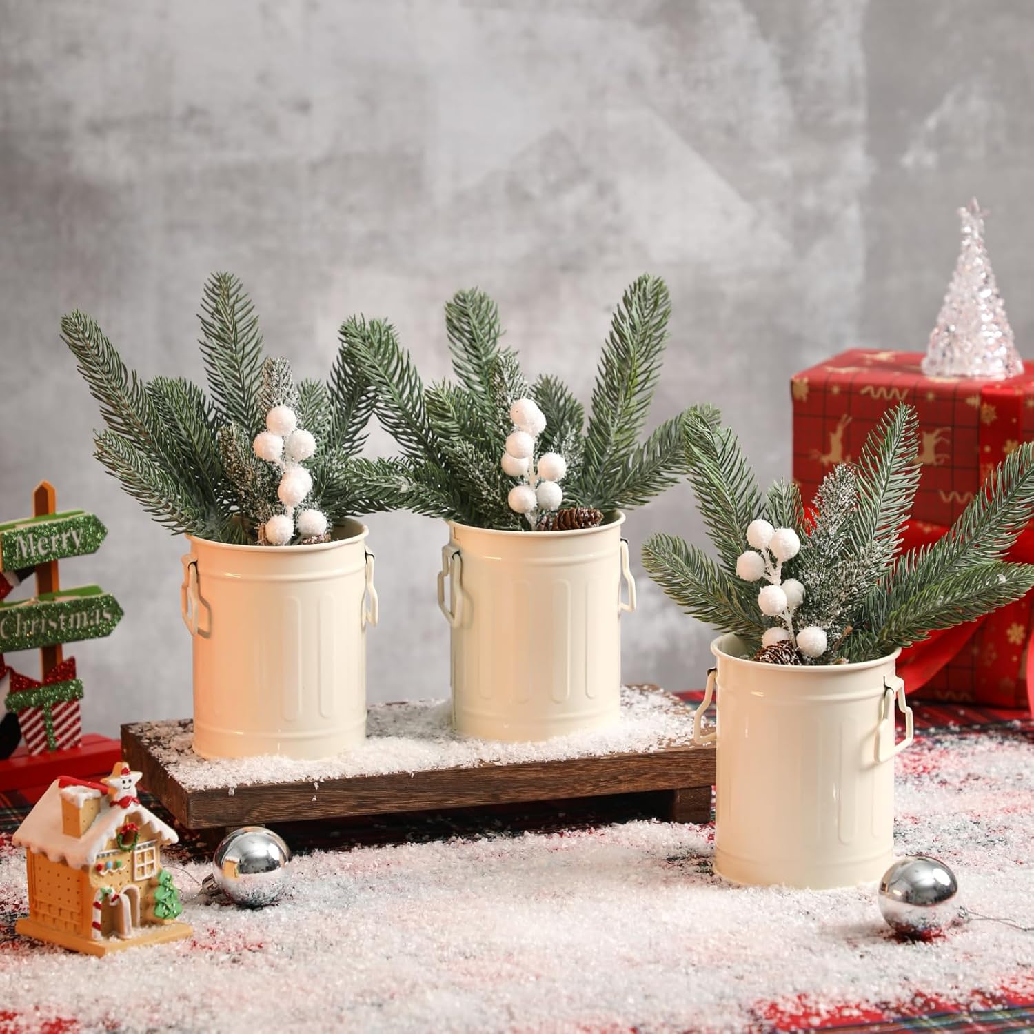 White Christmas Centerpieces for Tables, 3 Pack Mini Christmas Artificial Pine Tree with Berries in Metal Pots, Farmhouse Winter Tabletop Xmas Decorations for Home, Mantel