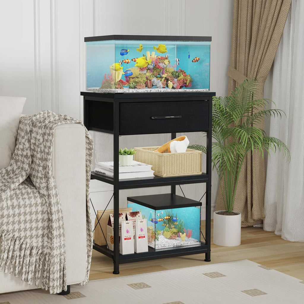 TFK 5-10 Gallon Fish Tank Stand, Height Adjustable Metal Aquarium Stand with Storage Drawers for Fish Tank Accessories Storage, Perfect for Turtle Tank, Reptile Terrarium, Black