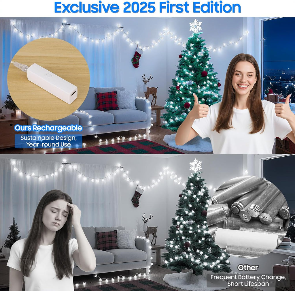 Christmas Lights, 20FT 40 LED Snowflake String Lights Battery Operated, Rechargeable Fairy Lights Battery Operated with 8 Modes for Bedroom Patio Room Party Xmas Tree Decor Home Decorations,Cool White