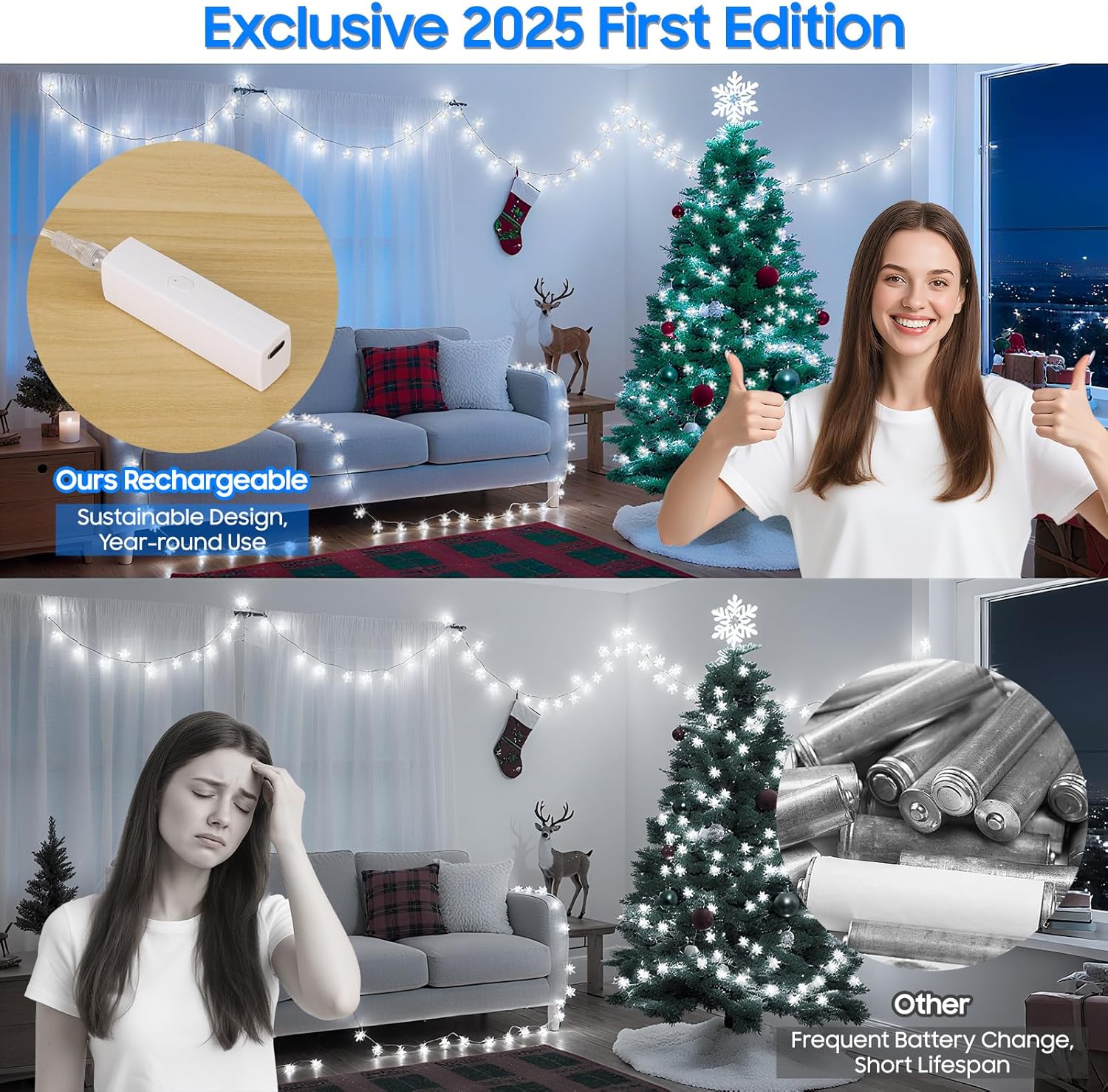Christmas Lights, 20FT 40 LED Snowflake String Lights Battery Operated, Rechargeable Fairy Lights Battery Operated with 8 Modes for Bedroom Patio Room Party Xmas Tree Decor Home Decorations,Cool White