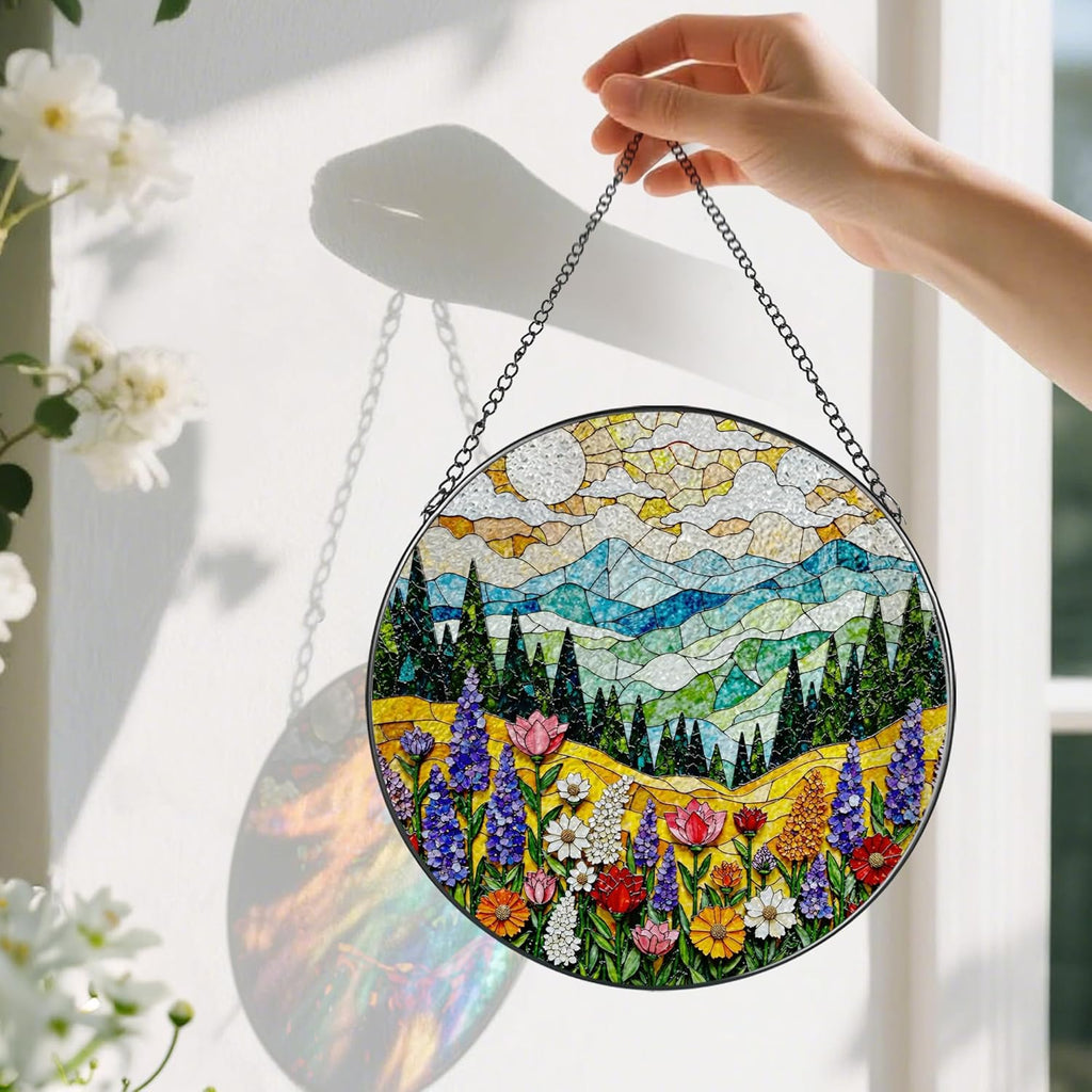 8-Inch Stained Glass Ornament, Stained Glass Window Hanging, Window Hanging Decor Suncatcher, Mountain Wildflower Ornament | Christmas, Mother’s Day, Birthday | Nature Art Gift, Gifts for Mom, Grandma