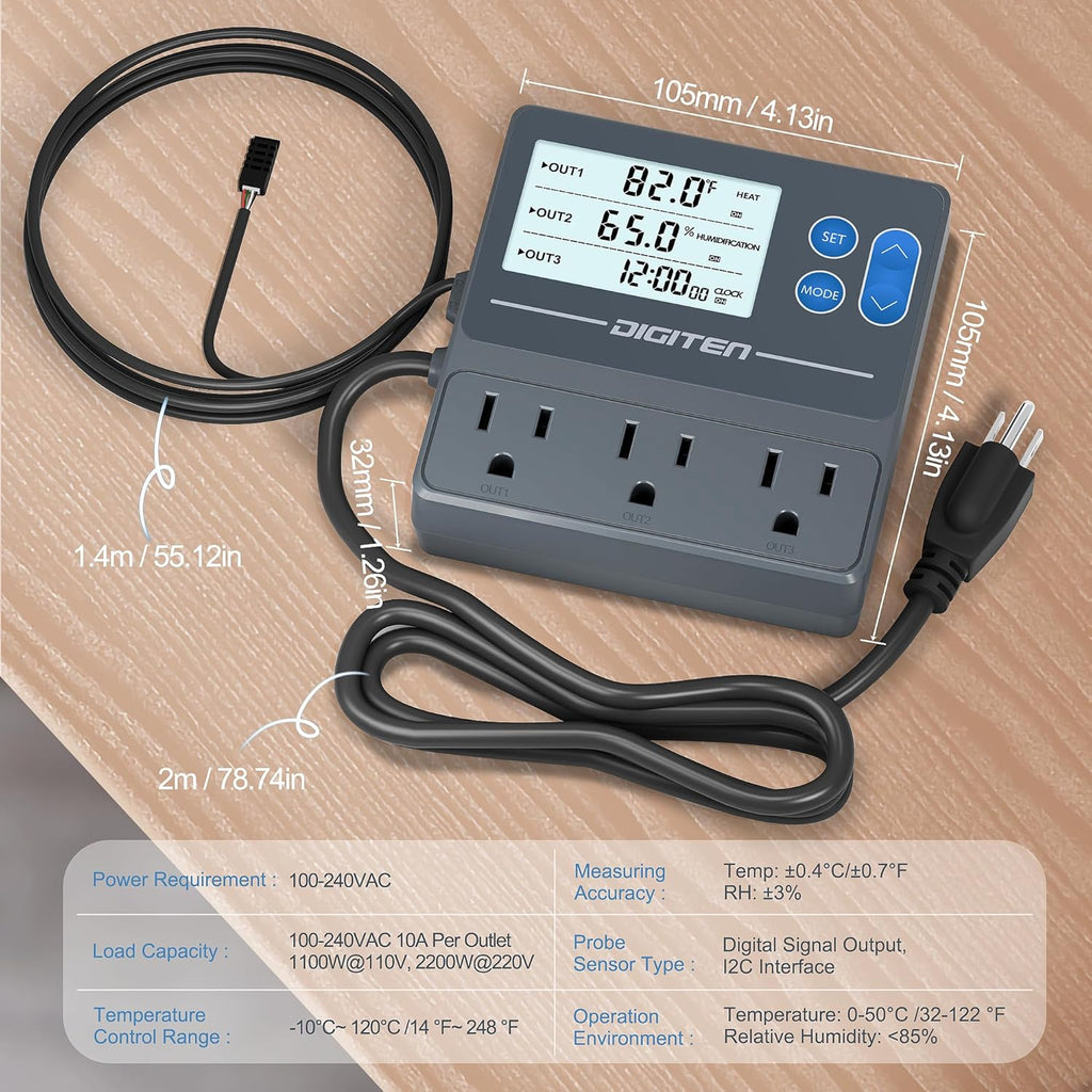 DIGITEN Reptile Temperature and Humidity Controller with Timer Outlet, Day-Night Function Thermostat, 3-Stage Outlet Plug in Temperature Controller for Reptile, Mushroom, Homebrew