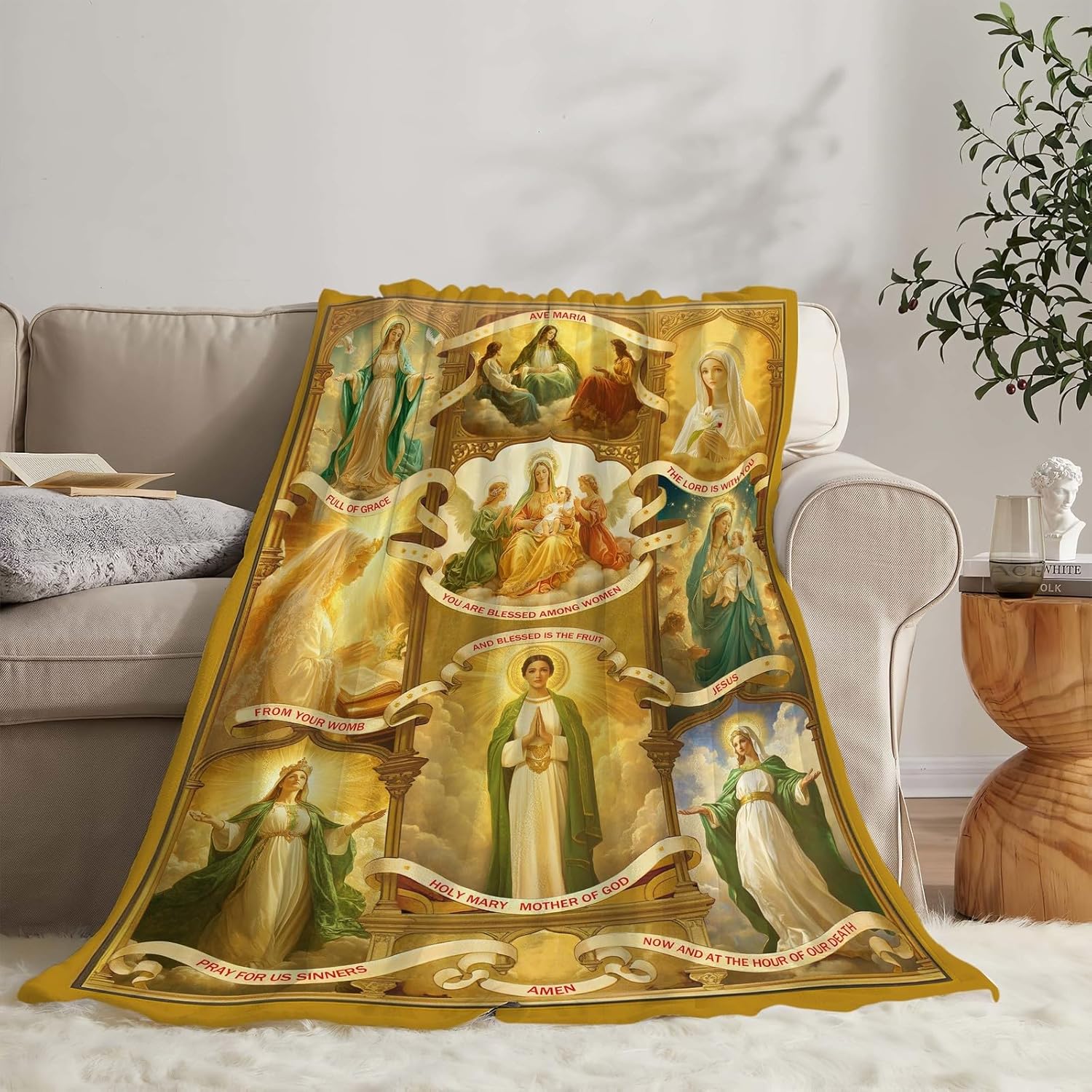 Virgin Mary Blanket Christian Faith Prayer Throw Inspirational Scripture Spiritual Catholic Religious Gifts for Women Girls Men Kids Adults Soft Cozy Plush Fluffy Fuzzy Fleece Decor 60''X80''