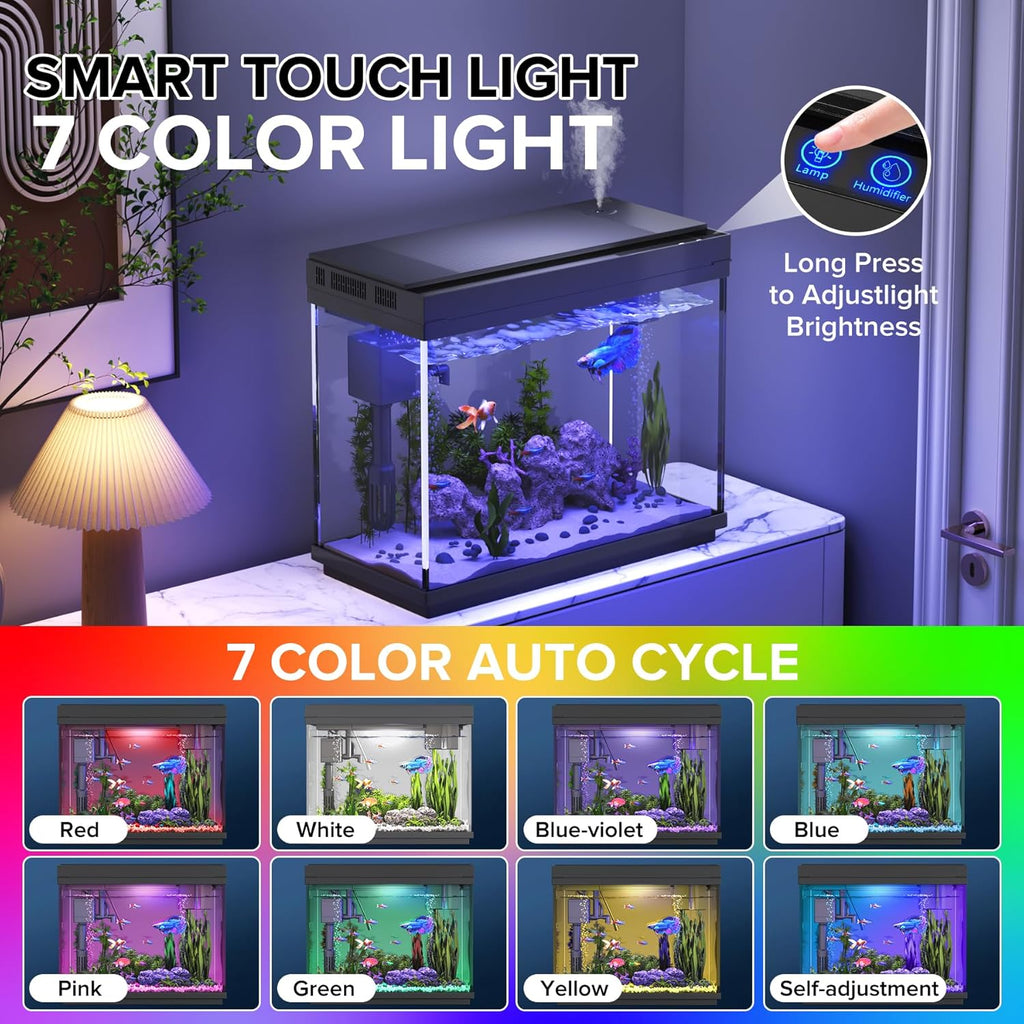 Fish Tank, 2.4 Gallon Fish Aquarium, Fish Tank Starter kit with Smart Humidifier, Temperature Display, 7-Color Lighting, 3 in 1 Quiet Pump with Filteration & Oxygenation & Circulation