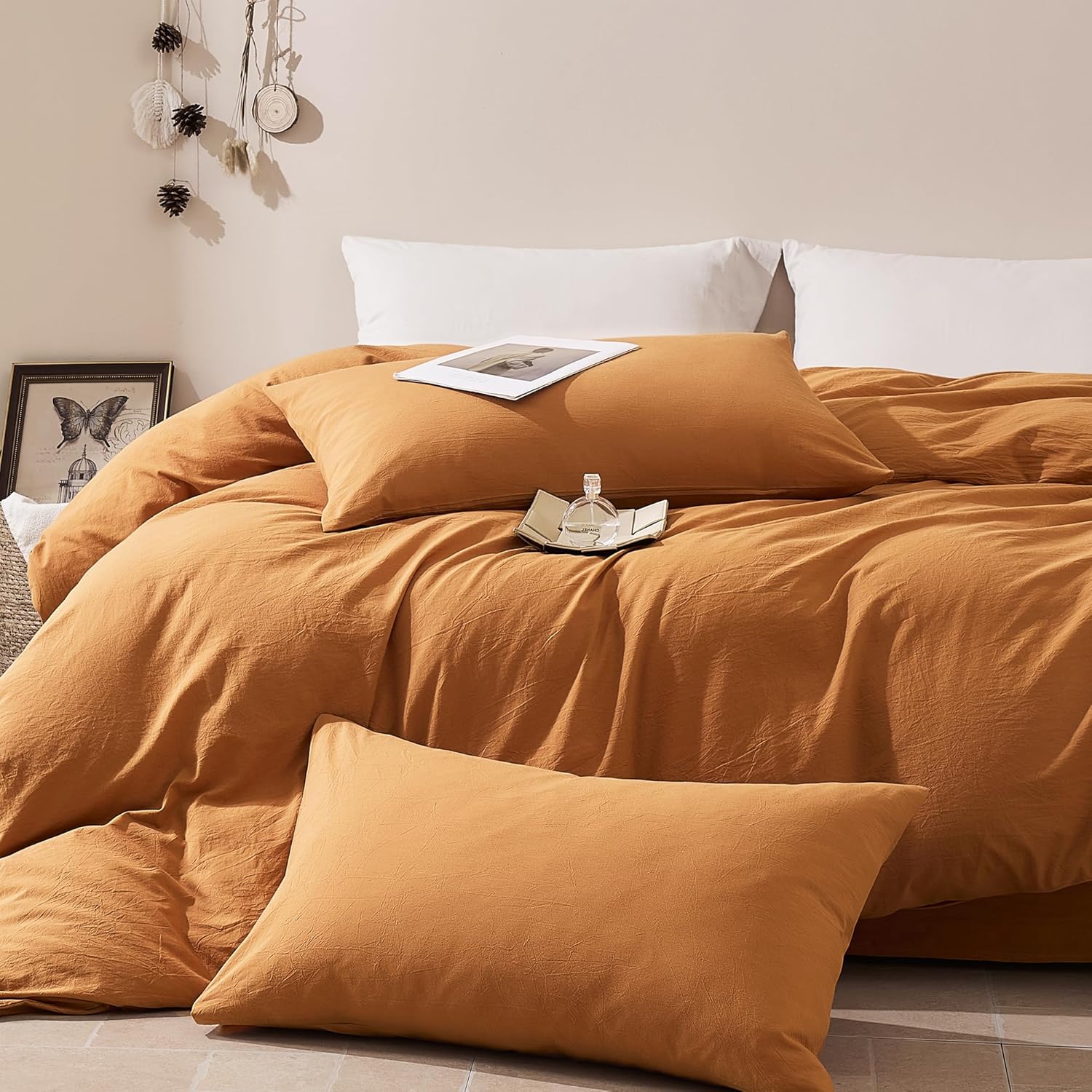 JELLYMONI Pillowcases King Set of 2 Washed Cotton Envelope Pillow Covers Linen-Like Texture,Amber Orange 20×36in Bed Pillow Cases Soft Breathable (Pillows are not Included)