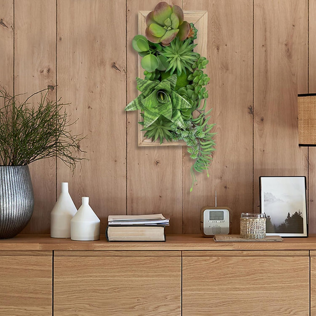 Succulents Wall Decor Hanging Artificial Plants Fake Snake Plants with Moss and Rectangle Wooden Frames Faux Plants Hanging Decor for Table Desk Livingroom Bedroom Bathroom Home Office