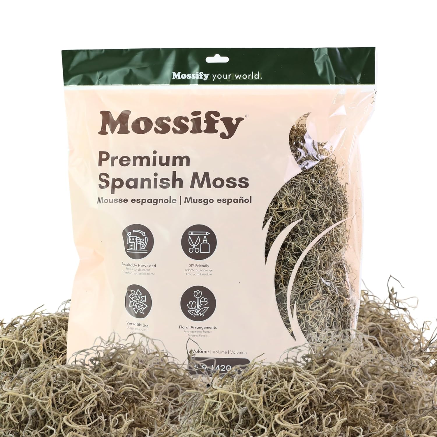 Mossify Premium Spanish Moss for Plants Indoor & Outdoor 150g, 5.3Oz - Natural Dried Preserved Moss for Crafts, Terrariums, Floral Arrangements, Garden & Home Décor – Humidity Retaining Spanish Moss