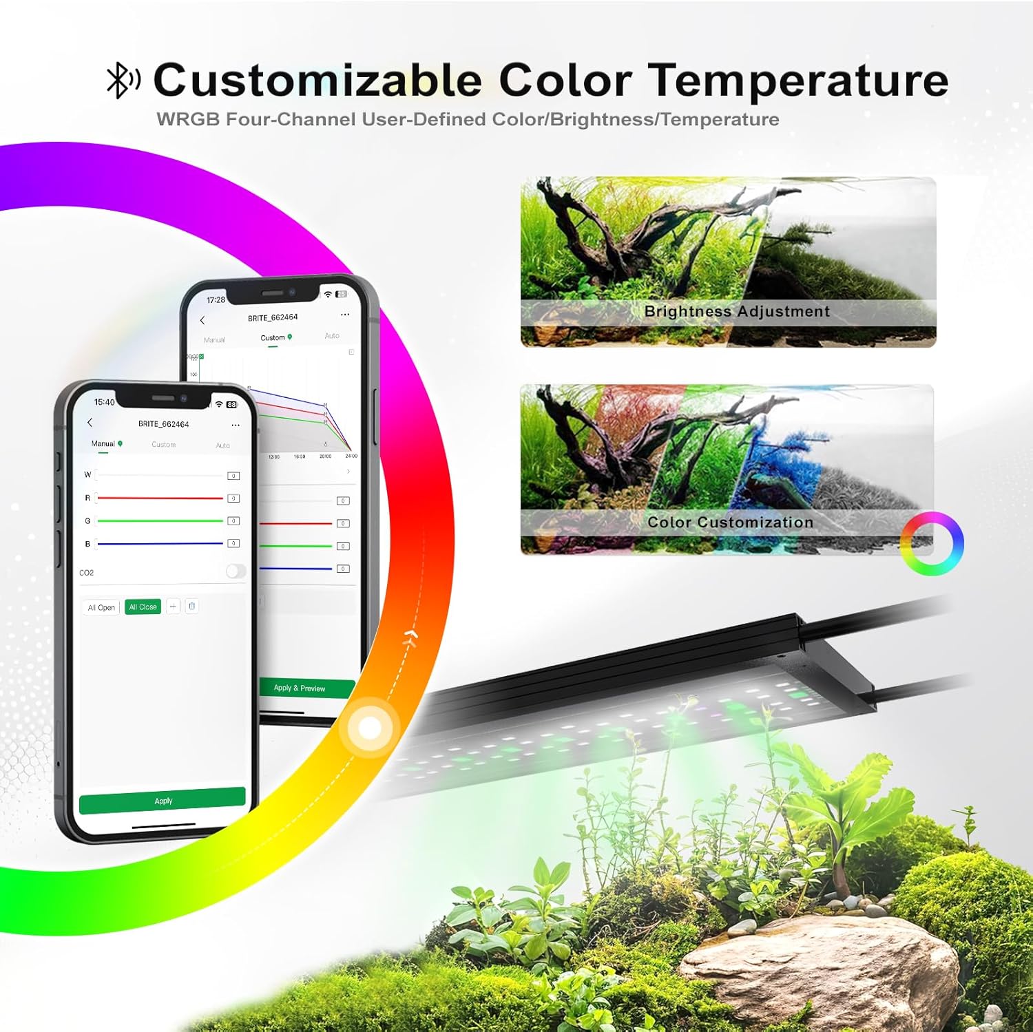 MagTool Brite Series Auto Aquarium LED Light with App-Controlled RGB+W LEDs, ADA Style Extendable Bracket, Supports Custom Sunrise/Sunset Colors in Manual/Auto/Custom Modes (Brite 90)