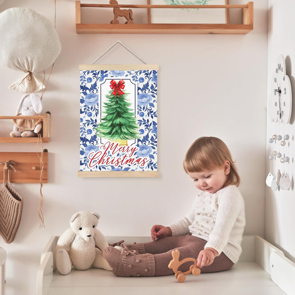 FDHSPAAM Blue and White Floal Chinoiserie Christmas Tree Wall Art Decor, Grandmillennial Christmas Decor, Preppy Red Bow Pine Tree Wall Art Posters for Home Bedroom Living Room, 12x16 Inch
