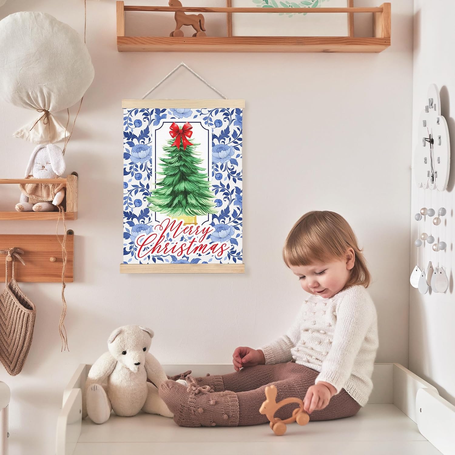 FDHSPAAM Blue and White Floal Chinoiserie Christmas Tree Wall Art Decor, Grandmillennial Christmas Decor, Preppy Red Bow Pine Tree Wall Art Posters for Home Bedroom Living Room, 12x16 Inch