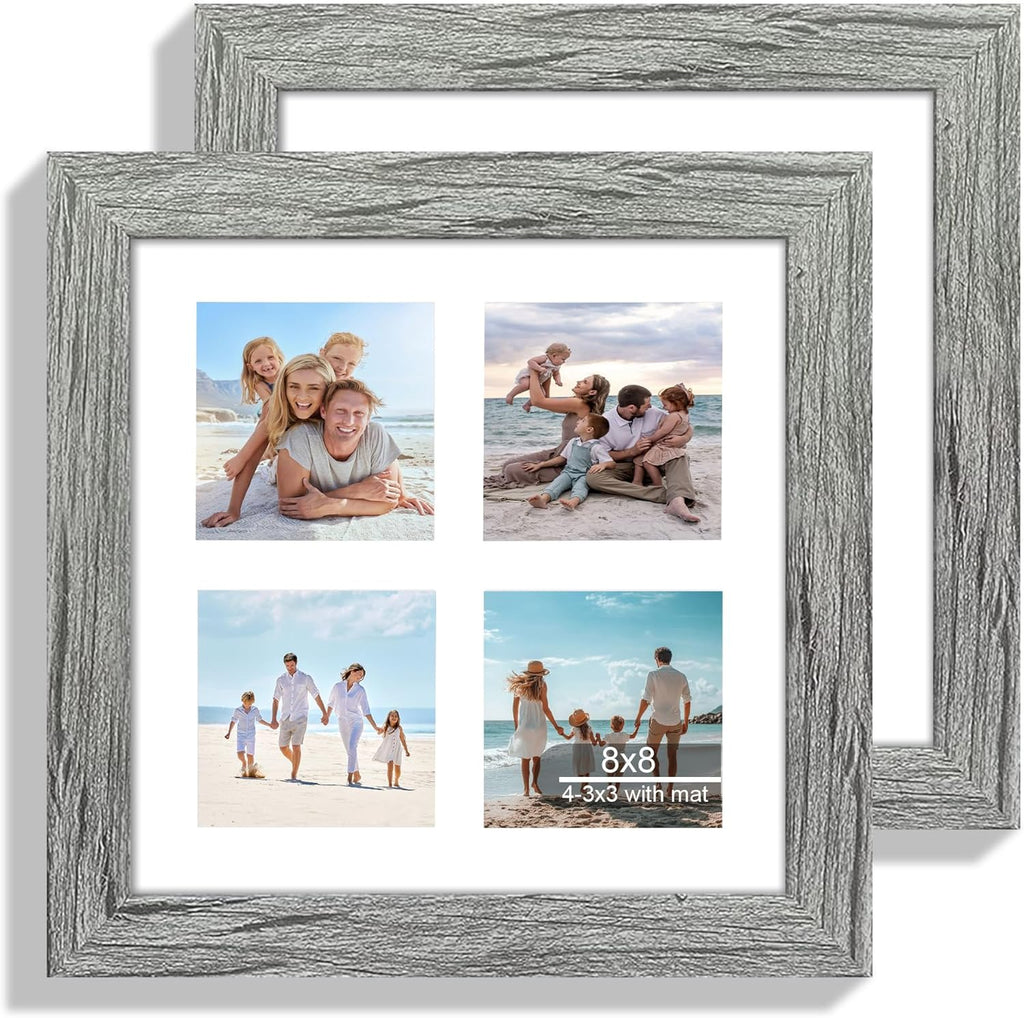 8x8 Picture Frame Set of 2, with Glass and Grey Wood Frames, Display Collage Four Opening 3x3 With Mat or 8 x 8 Without Mat for Wall Hanging or Tabletop