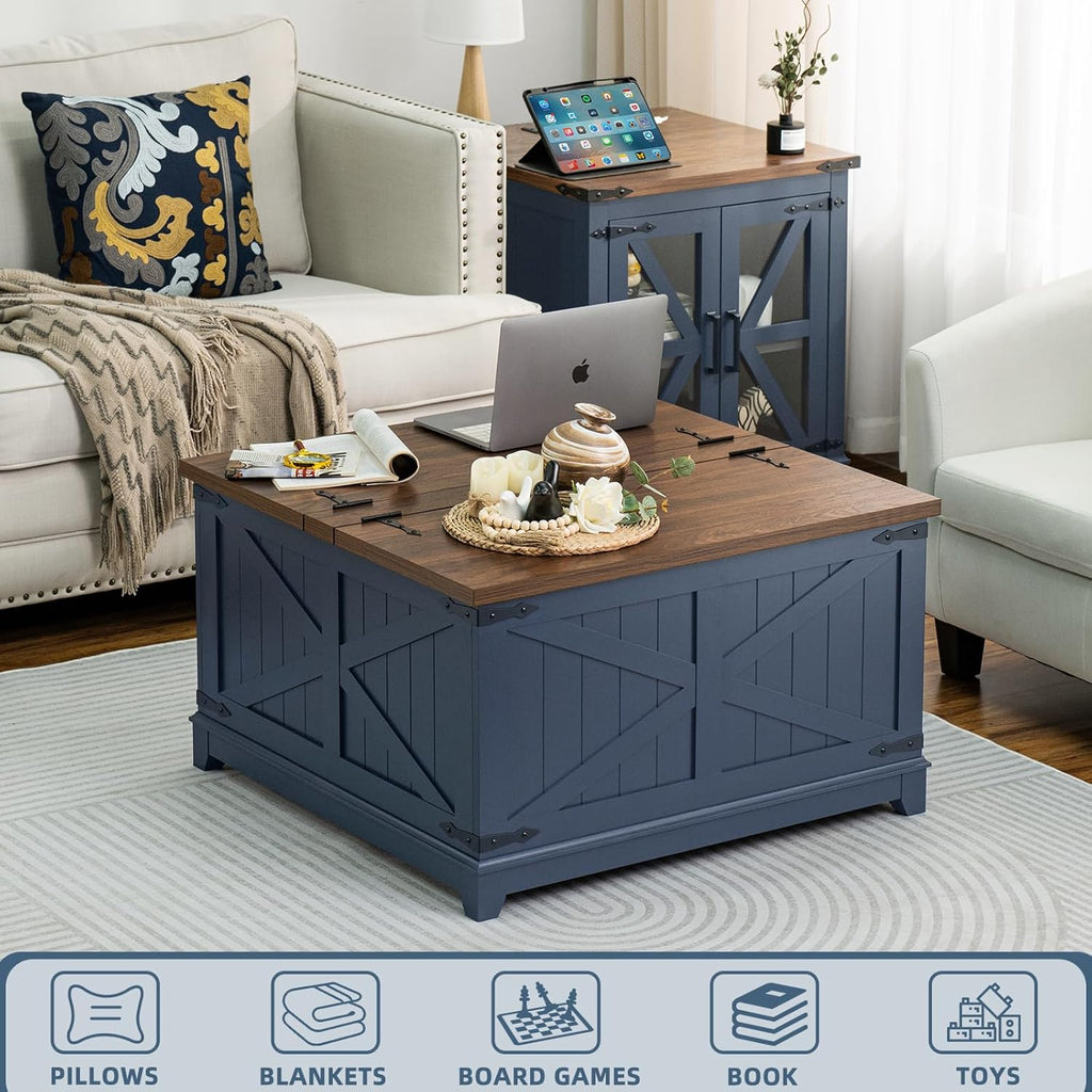 Farmhouse Coffee Table with Hidden Storage Organizer, Modern Square Large Center Table, Wood Farm House Low Navy Blue Living Room Tables with Hinged Lift Top for Home, Office