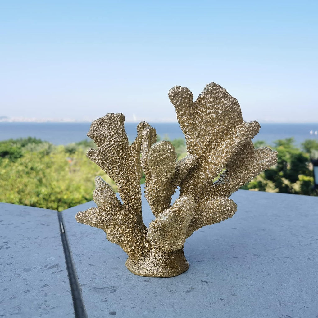 Gold Coral Decor Faux Artificial Coral Reef Resin Nautical Decoration Tabletop Home Living Room Decor (7.8in Tall)