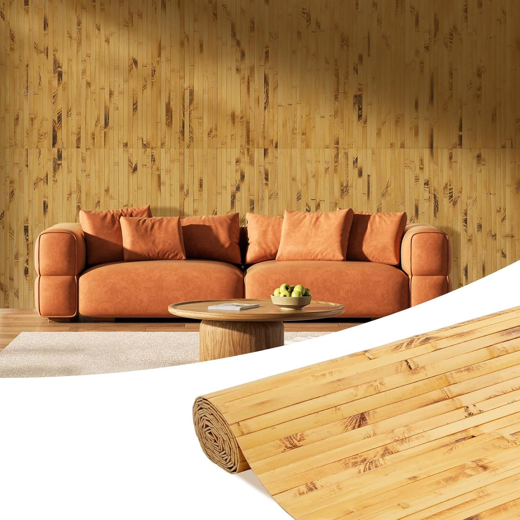 OUZUGIE 1 Pack 96x48 Inch Natural Bamboo Wall Panel – Yellow Burned Pole Wrap Paneling for Walls, Ceilings, Cabinets, Furniture – Ideal for Bedroom, Living Room & Office DIY Decor