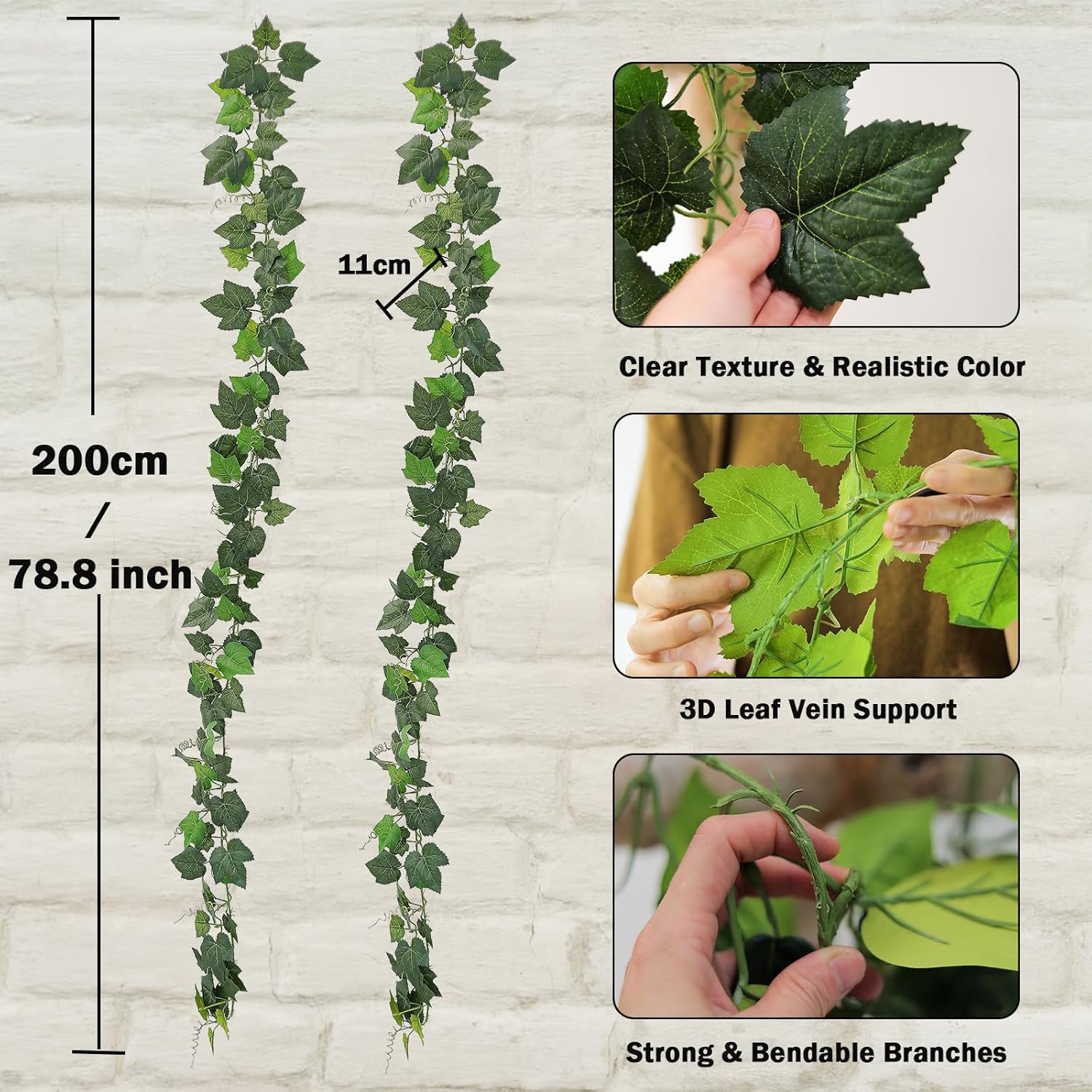 2Pcs 157inch Fireproof Fake Grape Vines Artificial Leaves Garland Bendable Ivy Greenery Branches Realistic Plants for Mantle Trellis Green Wall Hanging Outdoor Garden Bedroom Mantel Decorating