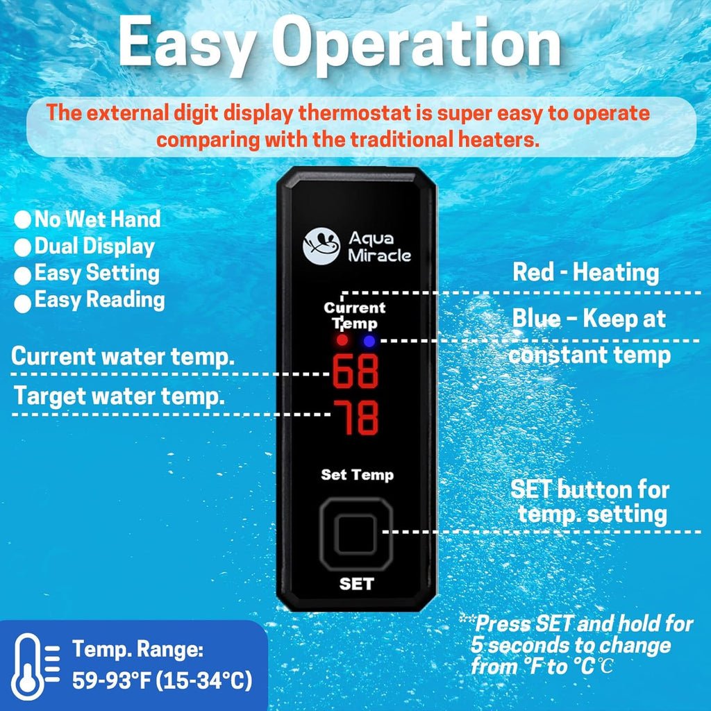 AquaMiracle Upgraded 100W Small Aquarium Heater Fish Tank Heater Turtle Heater Super Mini Aquarium Heater, Dry-Run/Overheating Protection and Memory Function, Dual LED Display, for 10-20 Gal Tanks
