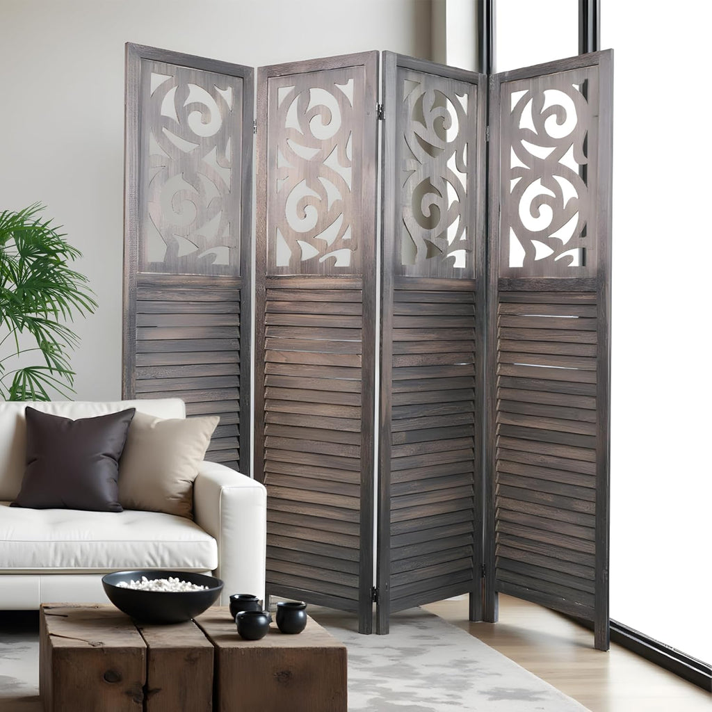 4 Panel Room Dividers 6FT Wall Divider Carved Wood Room Separator Folding Privacy Screens Cutout Design Foldable Partition Wall for Office Restaurant, Studio Apartment, Rustic Brown