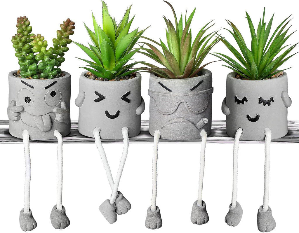 INFTYLE Creative Artificial Succulent Plants in pots - 4 Pieces Mini Fake Plant Faux Succulent Emotional Cement Potted for Home Desk Shelf Kitchen and Office Decor (4 PCS New)