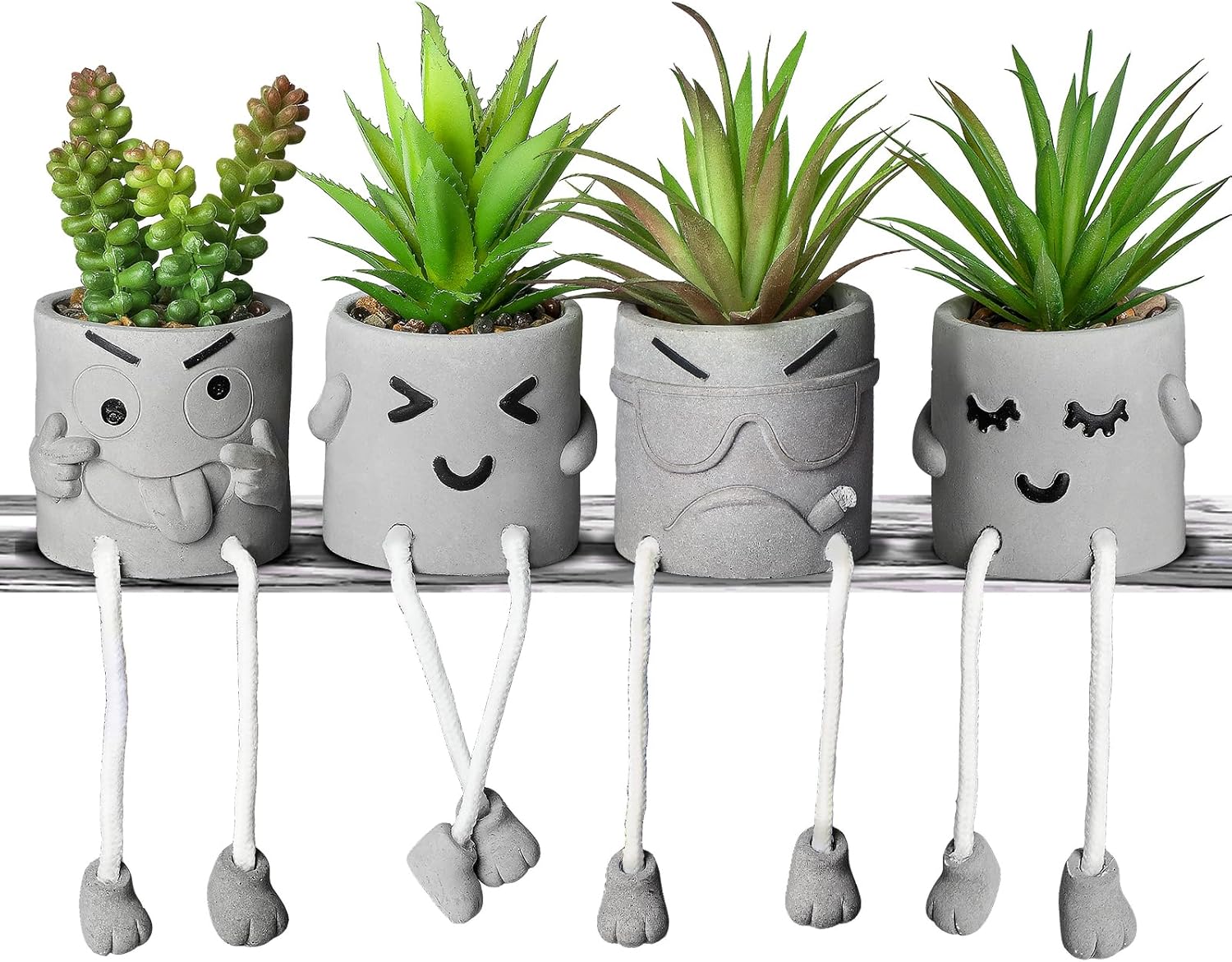 INFTYLE Creative Artificial Succulent Plants in pots - 4 Pieces Mini Fake Plant Faux Succulent Emotional Cement Potted for Home Desk Shelf Kitchen and Office Decor (4 PCS New)