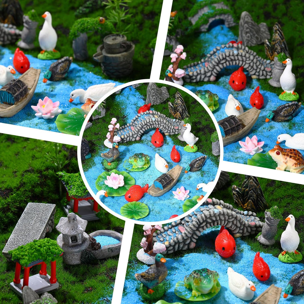 58 Pcs Miniature Garden Set, Fairy House Diorama Accessories Rockery Pavilion Bridge Mini Figurines Micro Landscape Ornaments Mixed Model Trees for DIY Garden Decor Succulent Dollhouse Craft