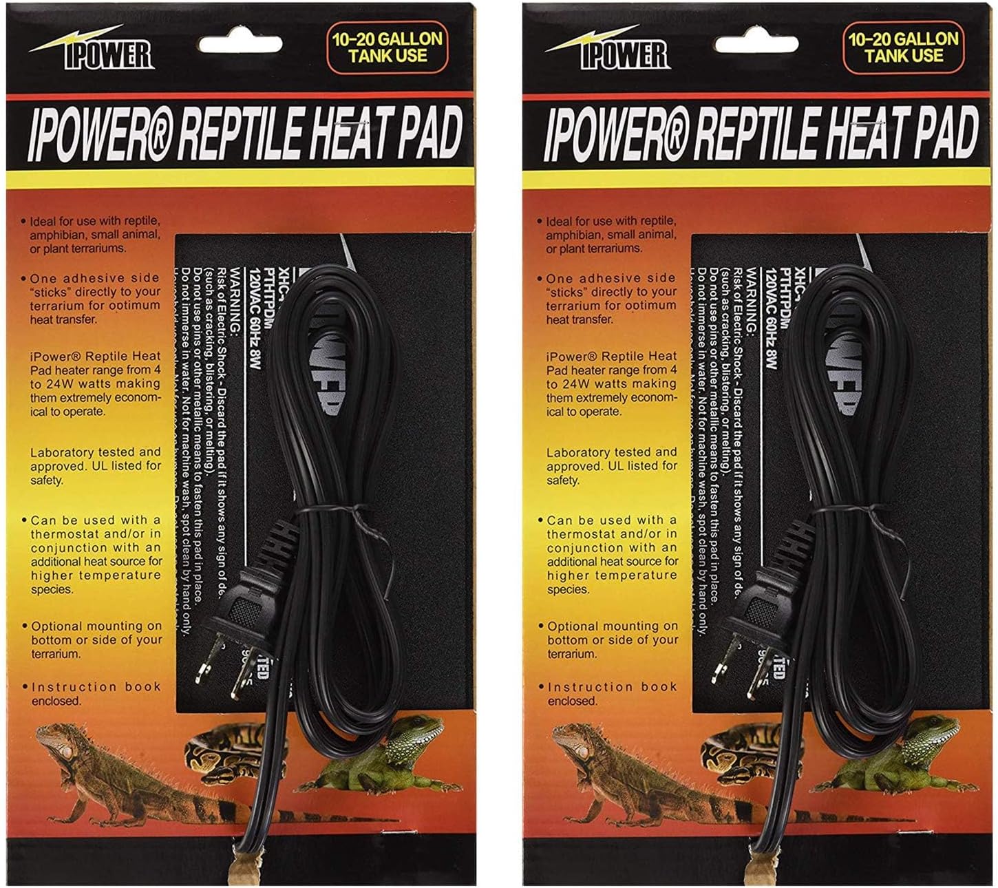 iPower 6x8 Inch Reptile Heat Pad Under Tank Heater, Energy-Efficient & Waterproof Design Terrarium Warmer Mat for Turtles, Lizards, Snakes, 2 Pack