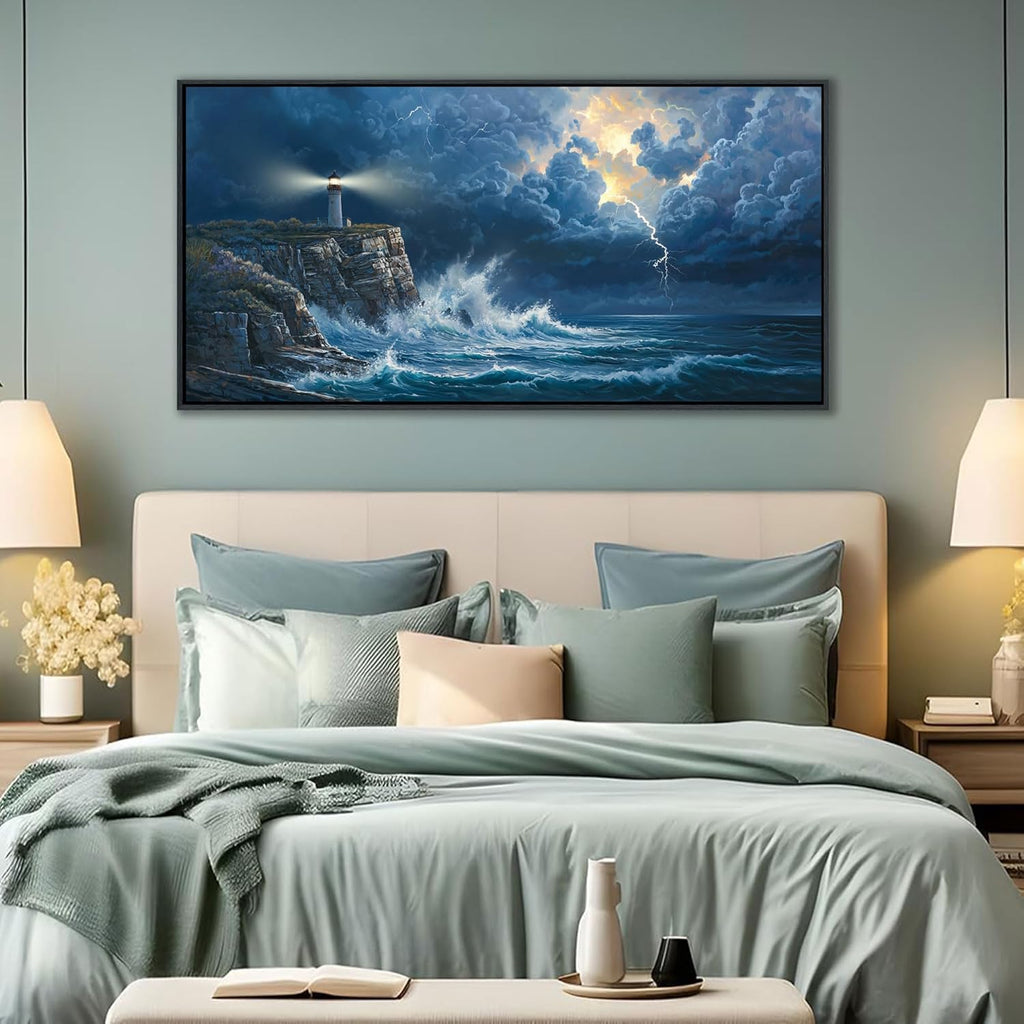 Coastal Wall Art Framed Ocean Canvas Painting Navy Blue Picture, Lighthouse Artwork for Dining Room,Living Room,Bedroom Decoration Can be Hung Directly Size 20x40 Inches